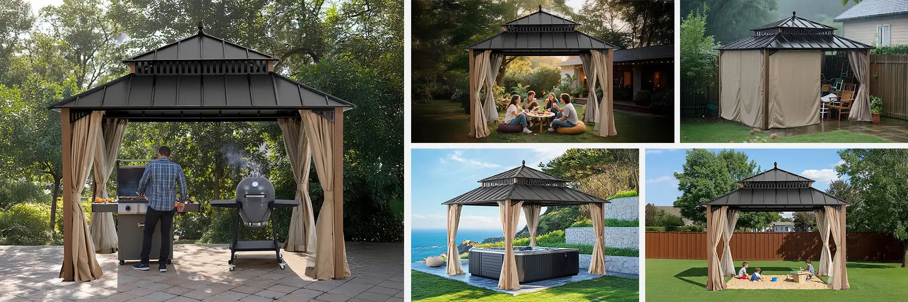 SUNJOY Kingston 12x12 Gazebo with Netting & Curtain | Steel Roof - Woodgrain Aluminum Posts