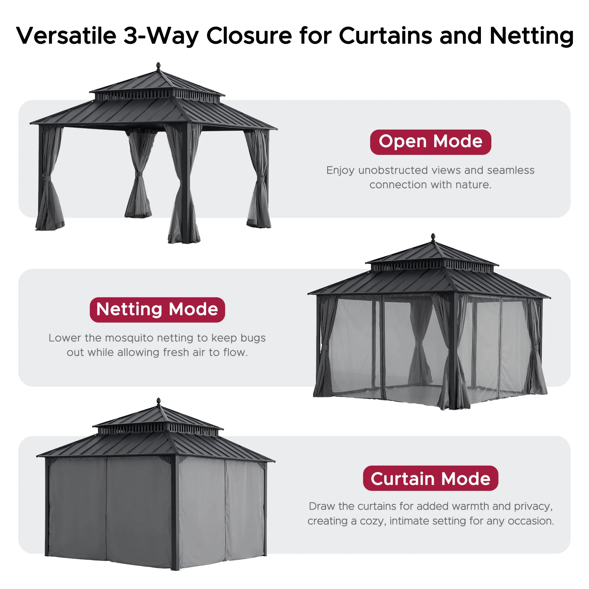SUNJOY Kingston 12x12 Gazebo with Netting & Curtain | Steel Roof - Gray Aluminum Posts