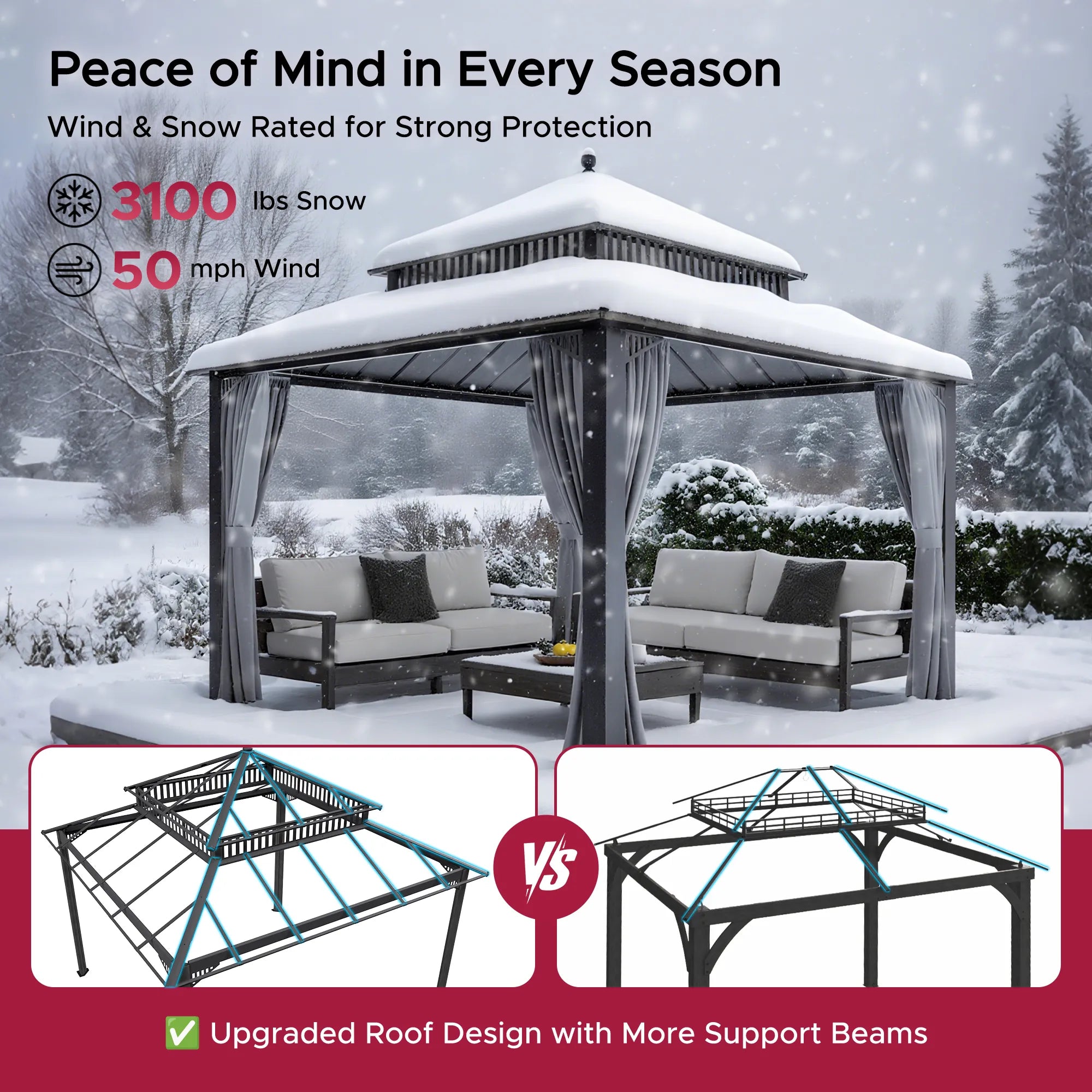 SUNJOY Kingston 12x12 Gazebo with Netting & Curtain | Steel Roof - Gray Aluminum Posts