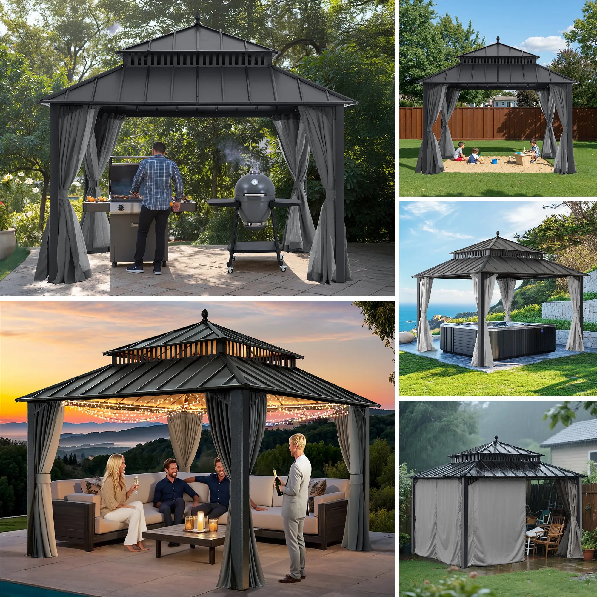 SUNJOY Kingston 12x12 Gazebo with Netting & Curtain | Steel Roof - Gray Aluminum Posts