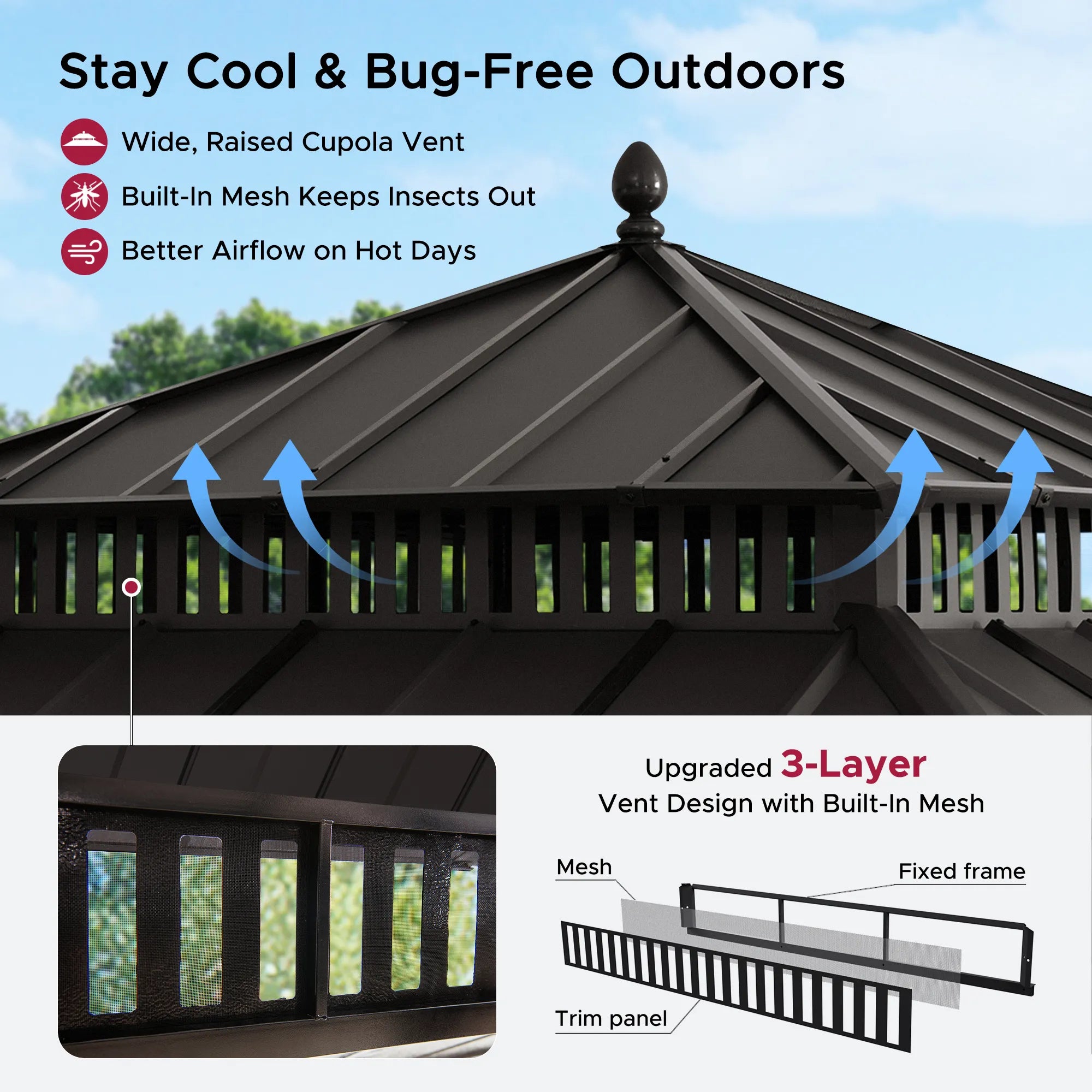 SUNJOY Kingston 12x12 Gazebo with Netting & Curtain | Steel Roof - Brown Aluminum Posts