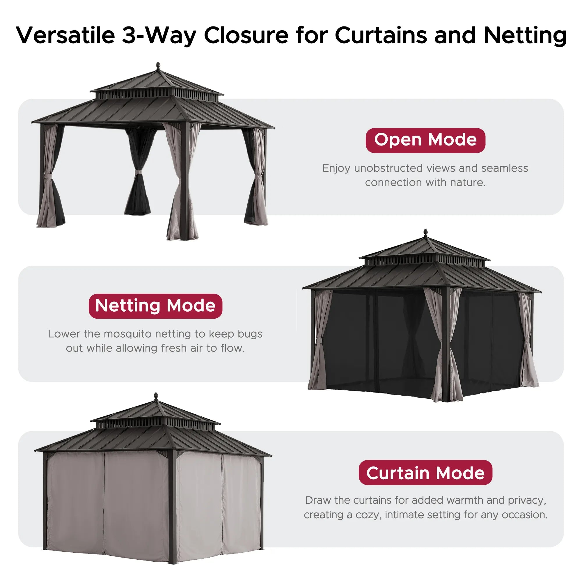 SUNJOY Kingston 12x12 Gazebo with Netting & Curtain | Steel Roof - Brown Aluminum Posts