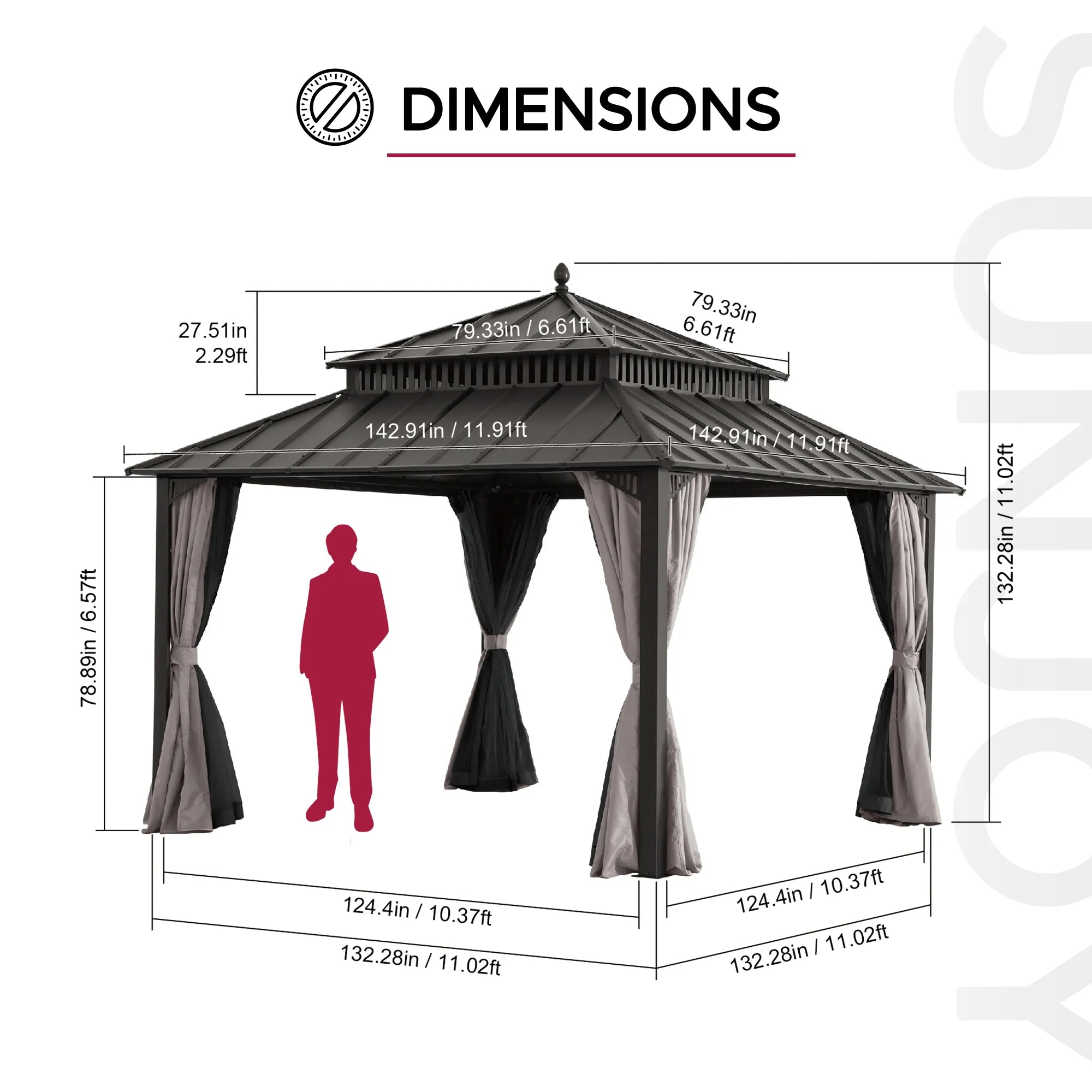 SUNJOY Kingston 12x12 Gazebo with Netting & Curtain | Steel Roof - Brown Aluminum Posts