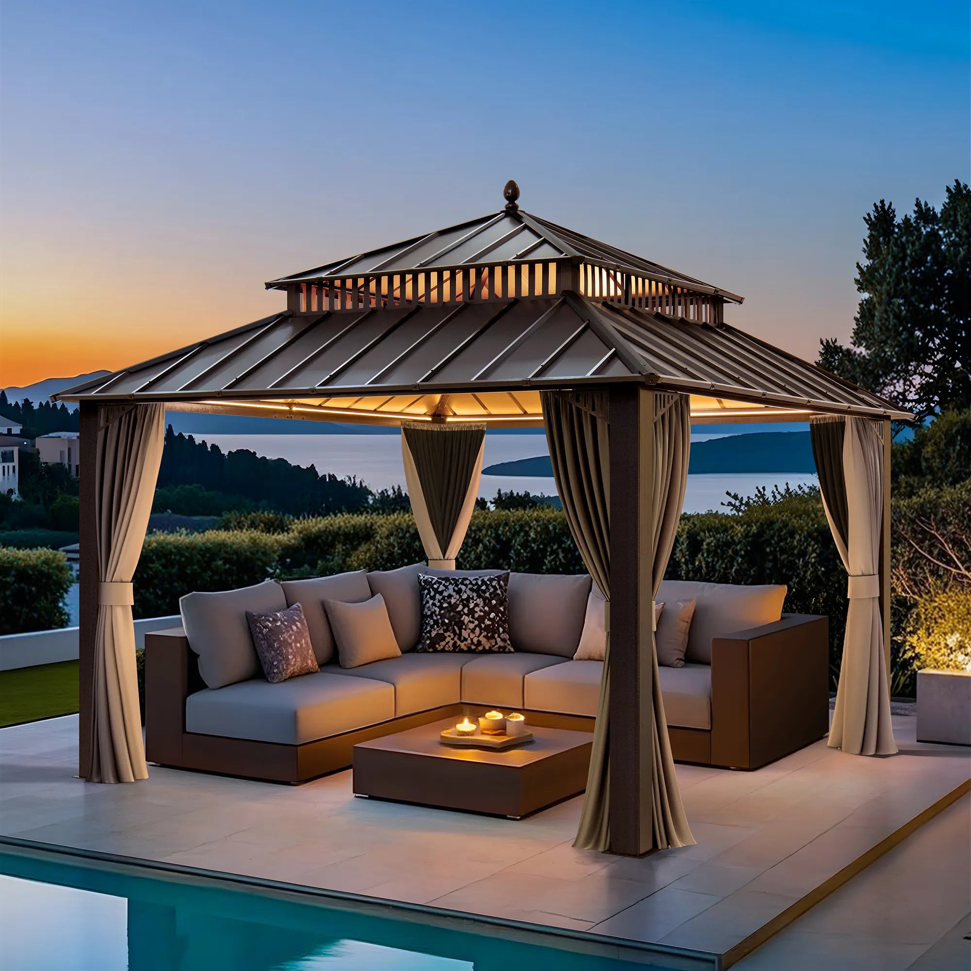 SUNJOY Kingston 12x12 Gazebo with Netting & Curtain | Steel Roof - Brown Aluminum Posts