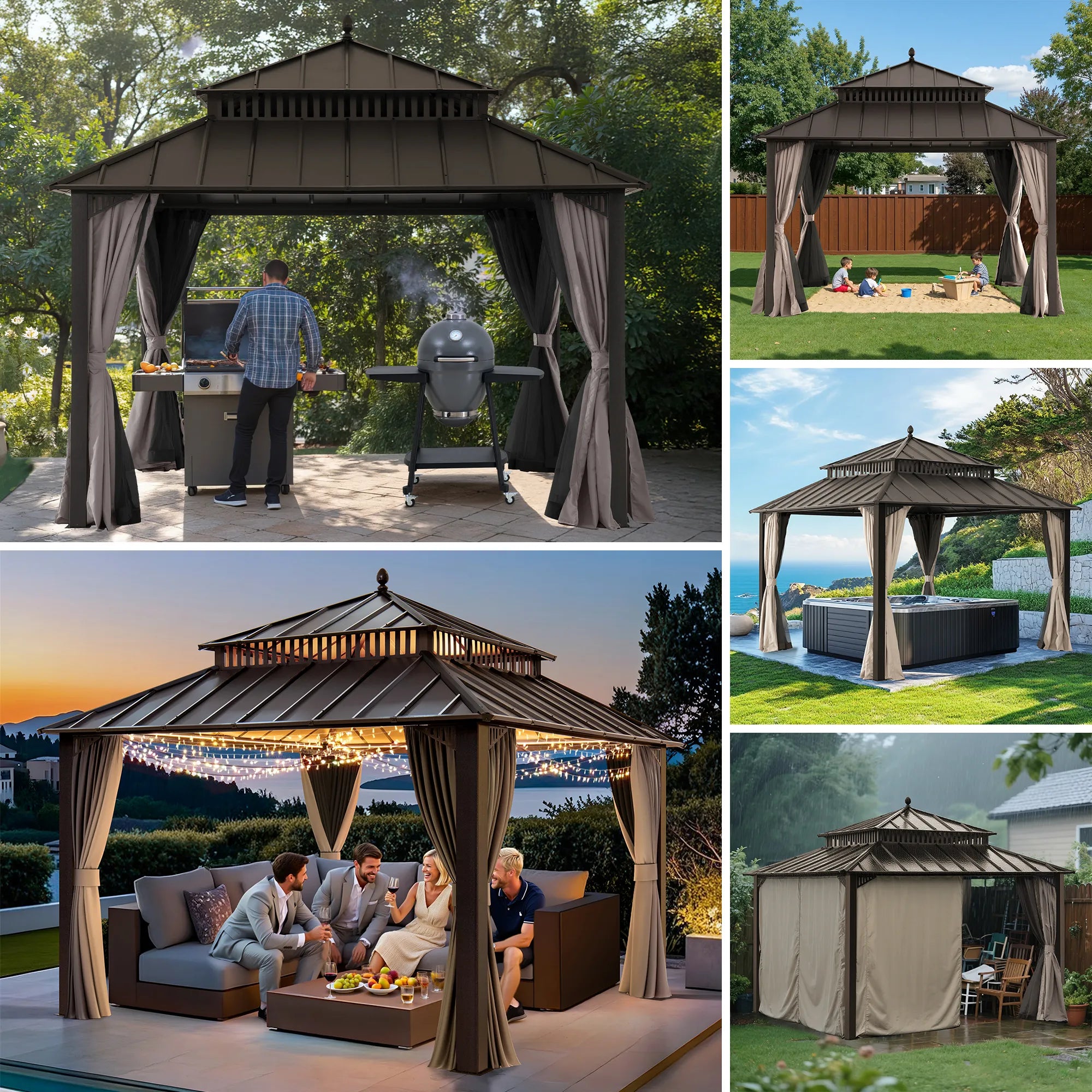SUNJOY Kingston 12x12 Gazebo with Netting & Curtain | Steel Roof - Brown Aluminum Posts