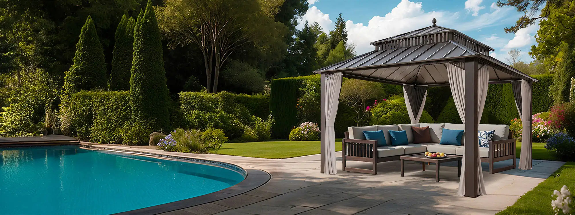 SUNJOY Kingston 12x12 Gazebo with Netting & Curtain | Steel Roof - Brown Aluminum Posts