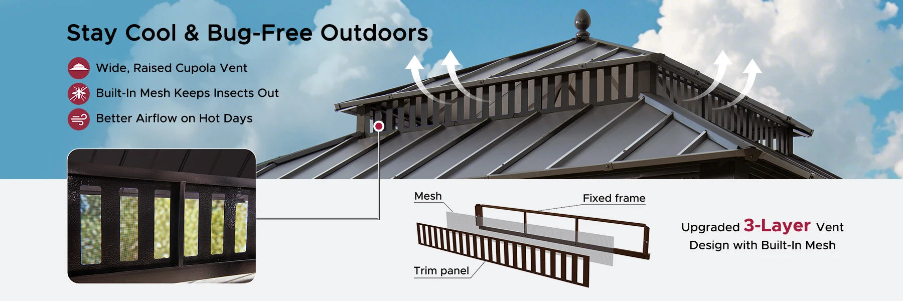 SUNJOY Kingston 12x12 Gazebo with Netting & Curtain | Steel Roof - Brown Aluminum Posts