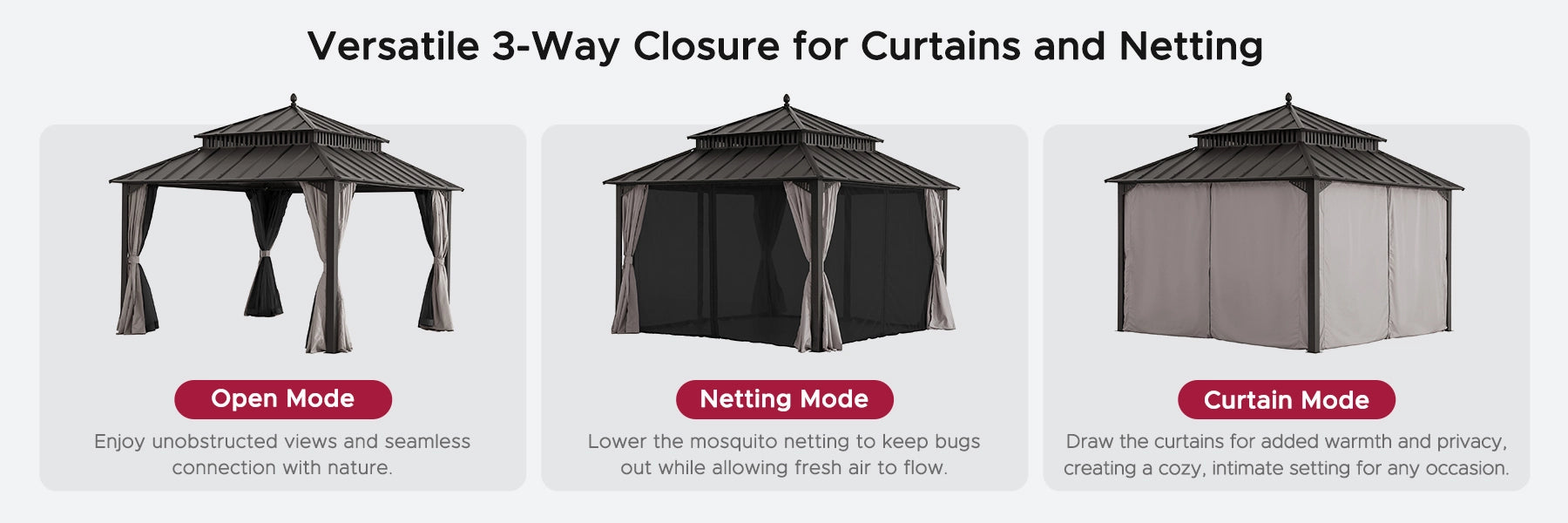 SUNJOY Kingston 12x12 Gazebo with Netting & Curtain | Steel Roof - Brown Aluminum Posts