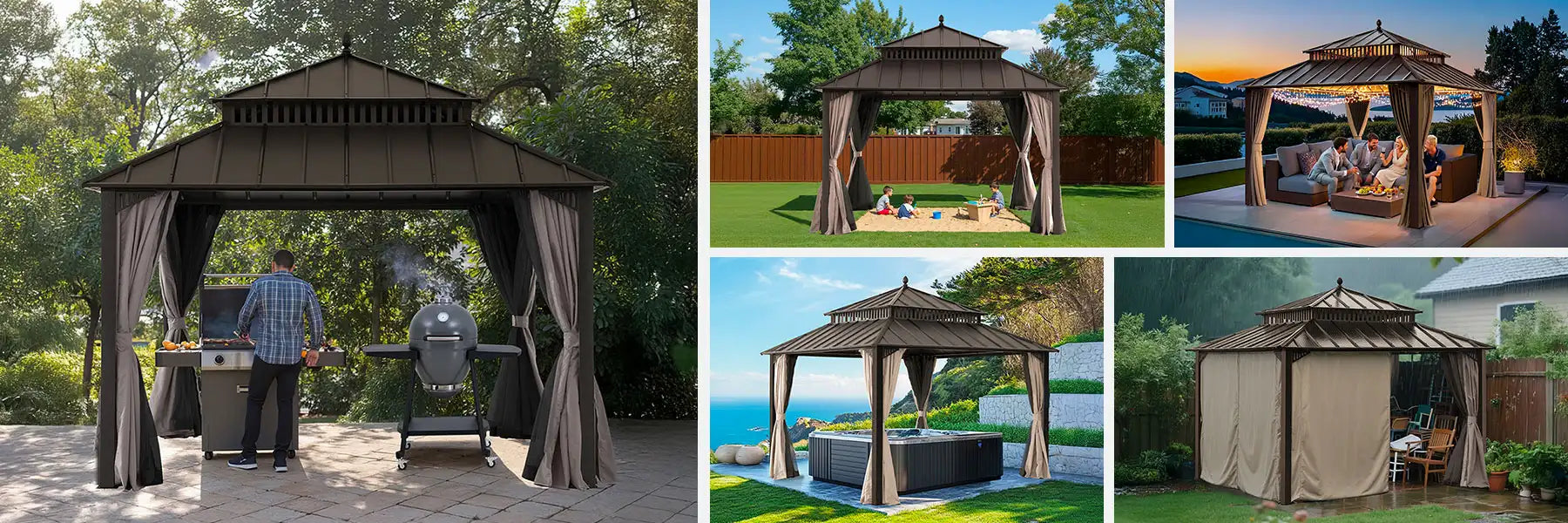 SUNJOY Kingston 12x12 Gazebo with Netting & Curtain | Steel Roof - Brown Aluminum Posts