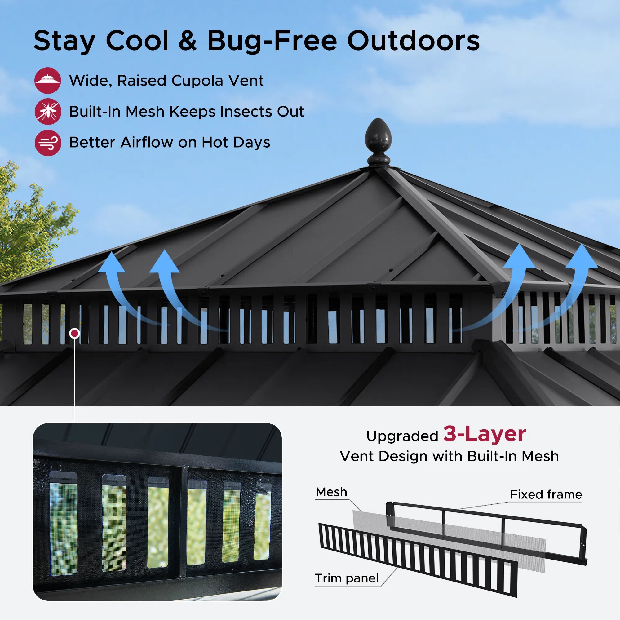 SUNJOY Kingston 12x12 Gazebo with Netting & Curtain | Steel Roof with Extra-Tall & Oversized Vent Top - Cedar Wood Posts