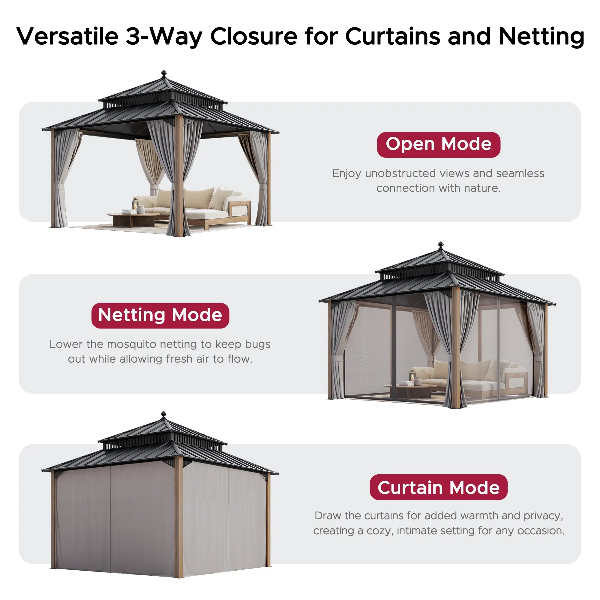 SUNJOY Kingston 12x12 Gazebo with Netting & Curtain | Steel Roof with Extra-Tall & Oversized Vent Top - Cedar Wood Posts