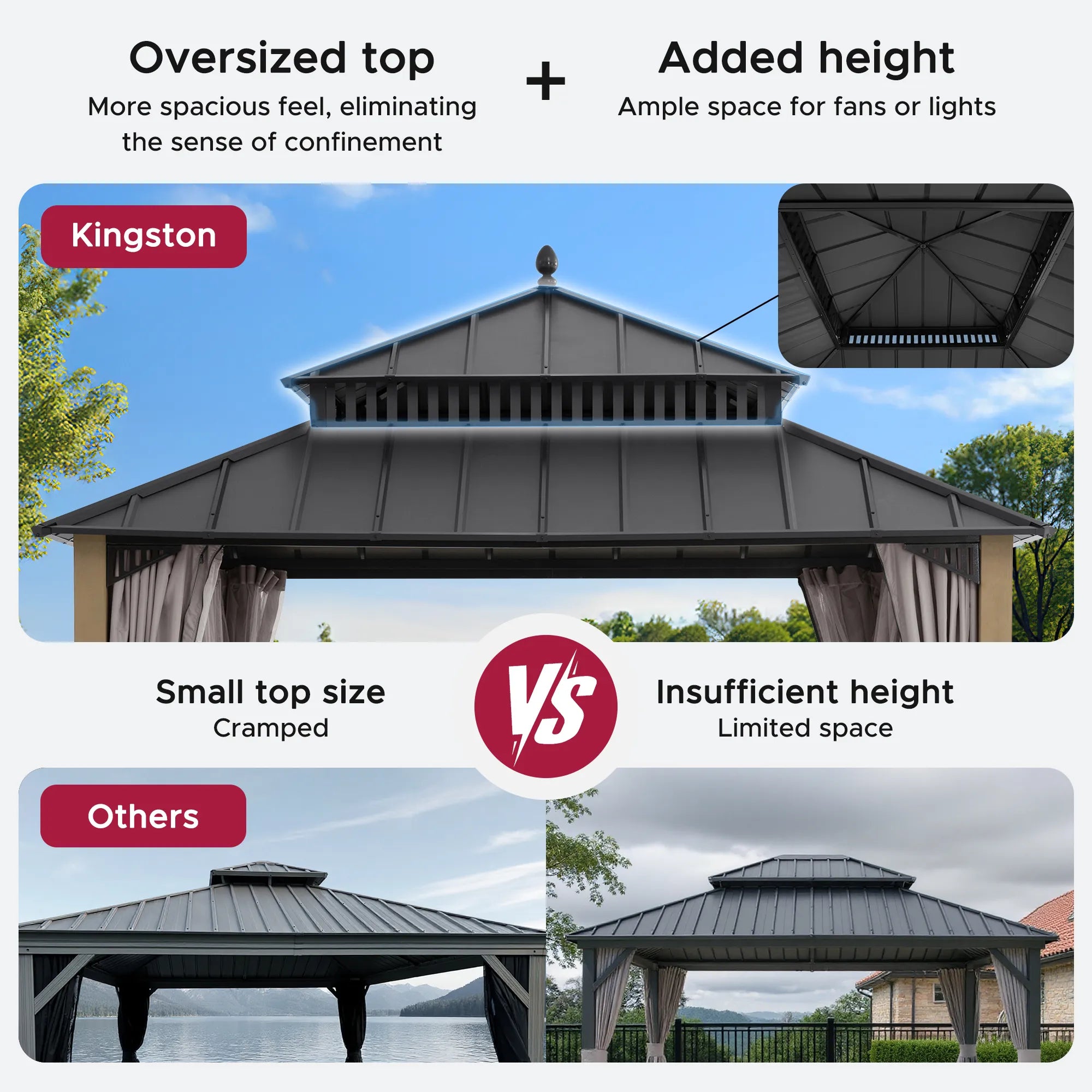 SUNJOY Kingston 12x12 Gazebo with Netting & Curtain | Steel Roof with Extra-Tall & Oversized Vent Top - Cedar Wood Posts