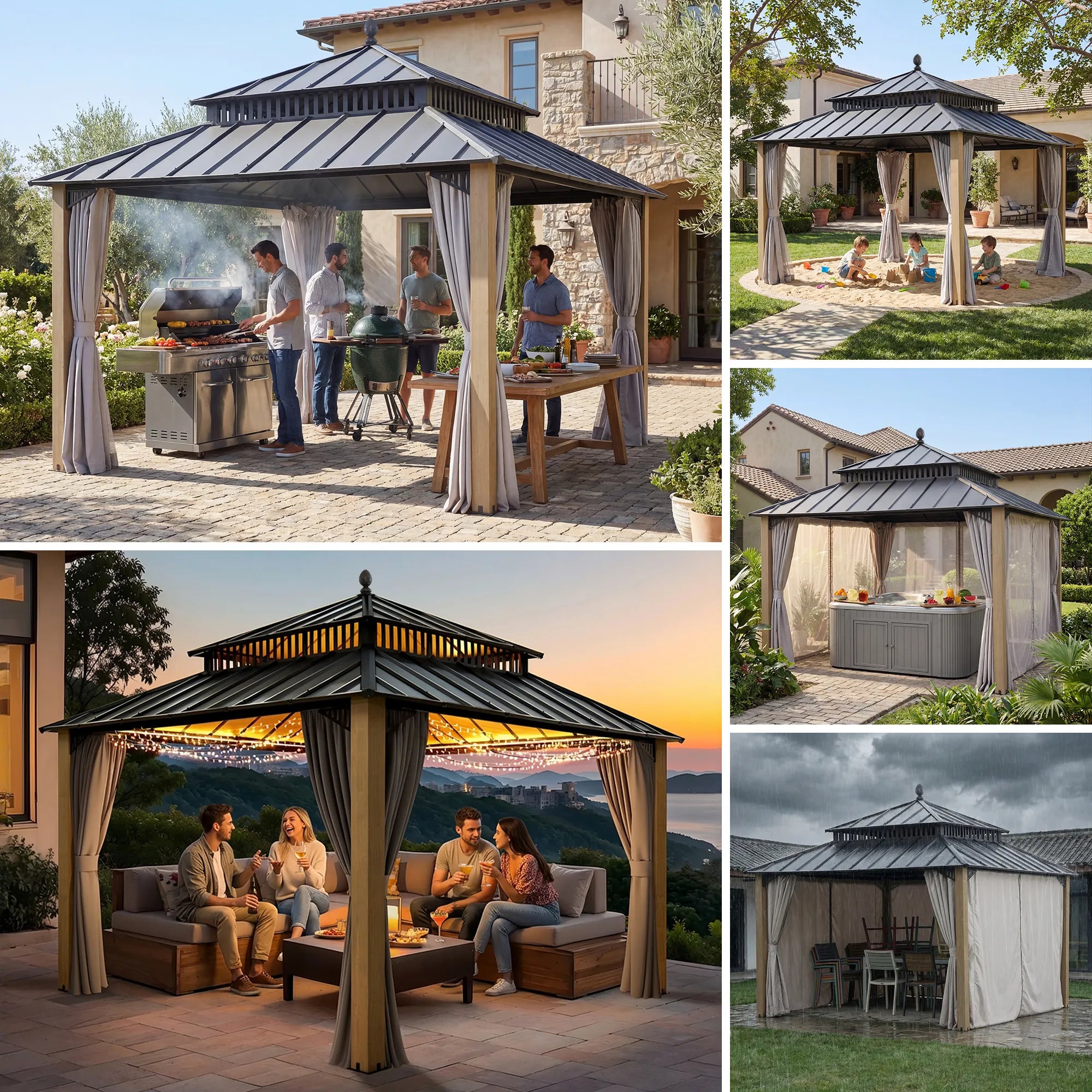 SUNJOY Kingston 12x12 Gazebo with Netting & Curtain | Steel Roof with Extra-Tall & Oversized Vent Top - Cedar Wood Posts