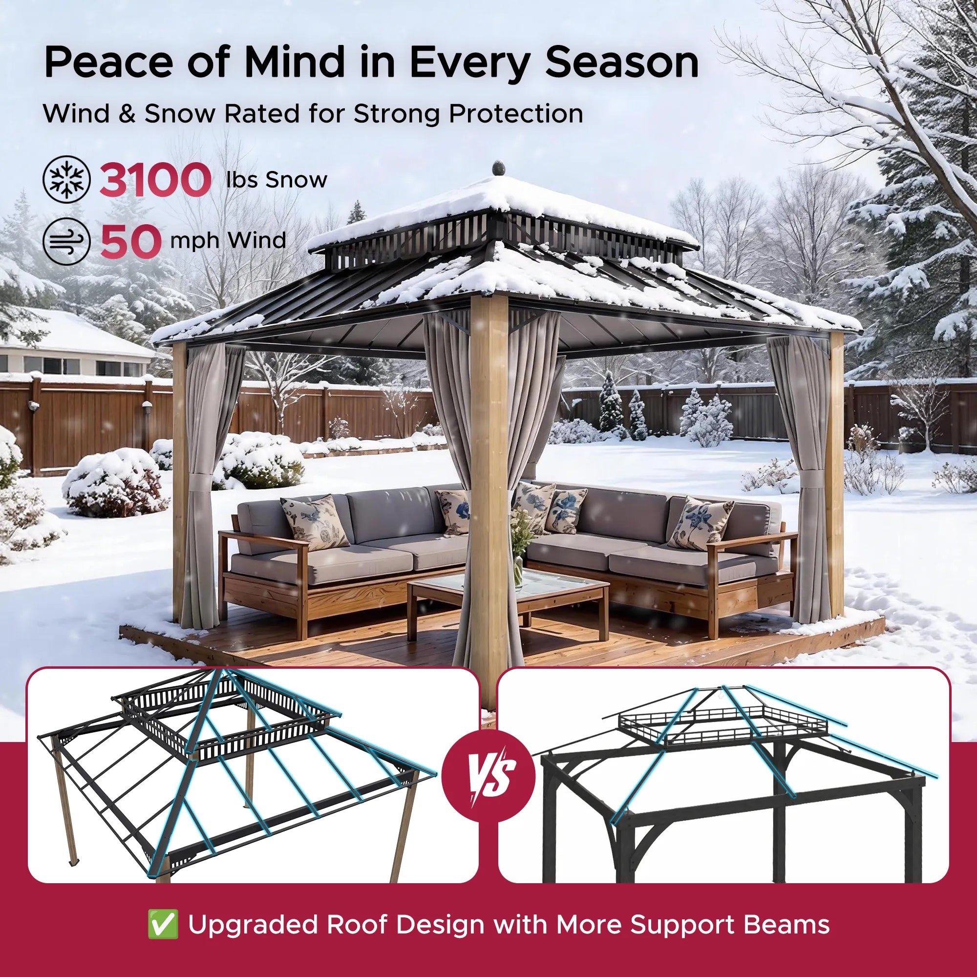 SUNJOY Kingston 12x12 Gazebo with Netting & Curtain | Steel Roof with Extra-Tall & Oversized Vent Top - Cedar Wood Posts