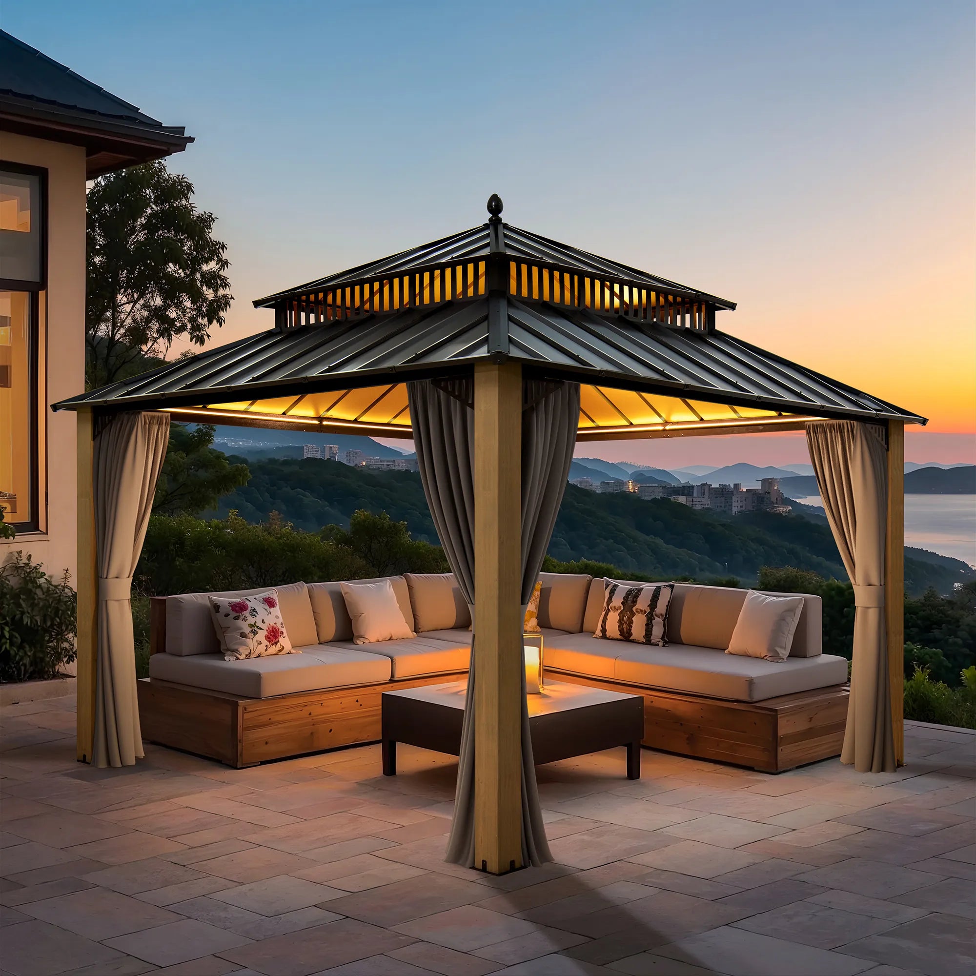 SUNJOY Kingston 12x12 Gazebo with Netting & Curtain | Steel Roof with Extra-Tall & Oversized Vent Top - Cedar Wood Posts