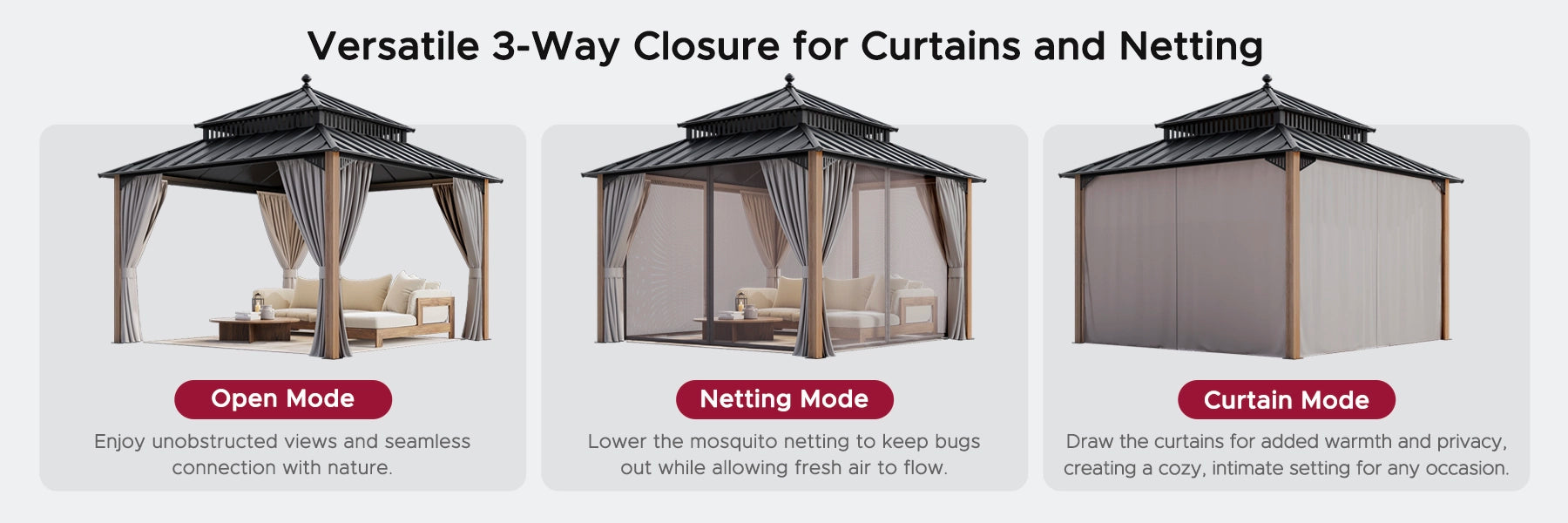 SUNJOY Kingston 12x12 Gazebo with Netting & Curtain | Steel Roof with Extra-Tall & Oversized Vent Top - Cedar Wood Posts