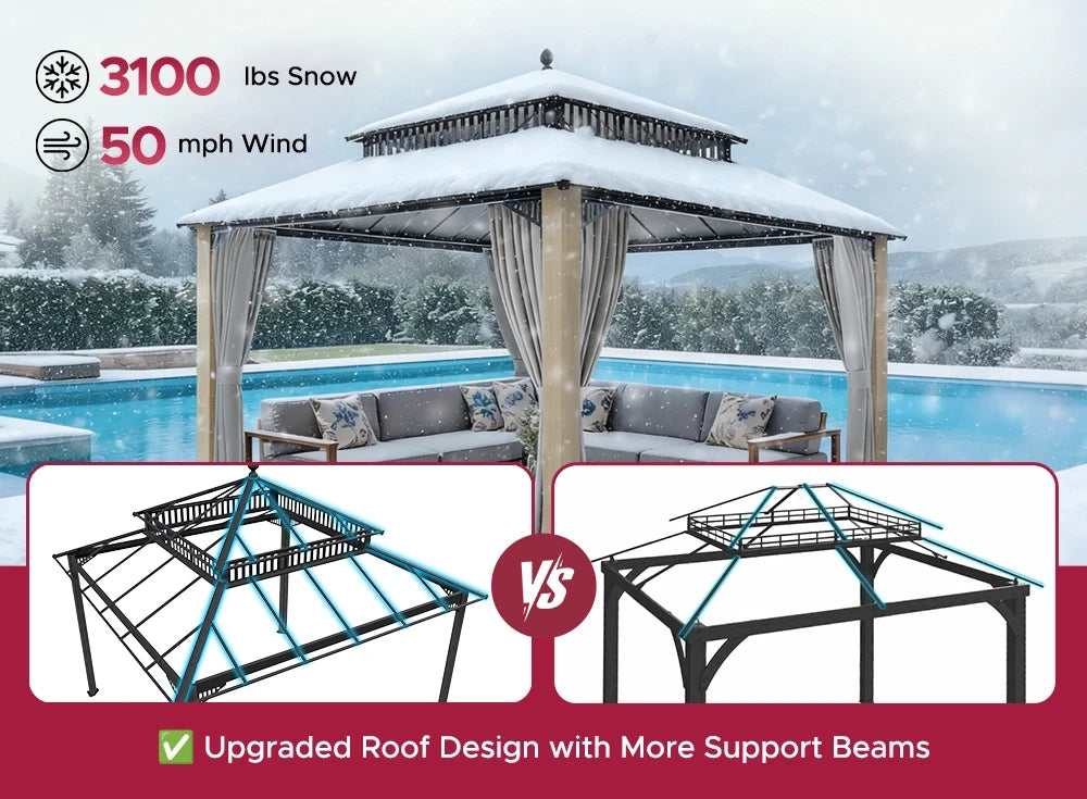 SUNJOY Kingston 12x12 Gazebo with Netting & Curtain | Steel Roof with Extra-Tall & Oversized Vent Top - Cedar Wood Posts