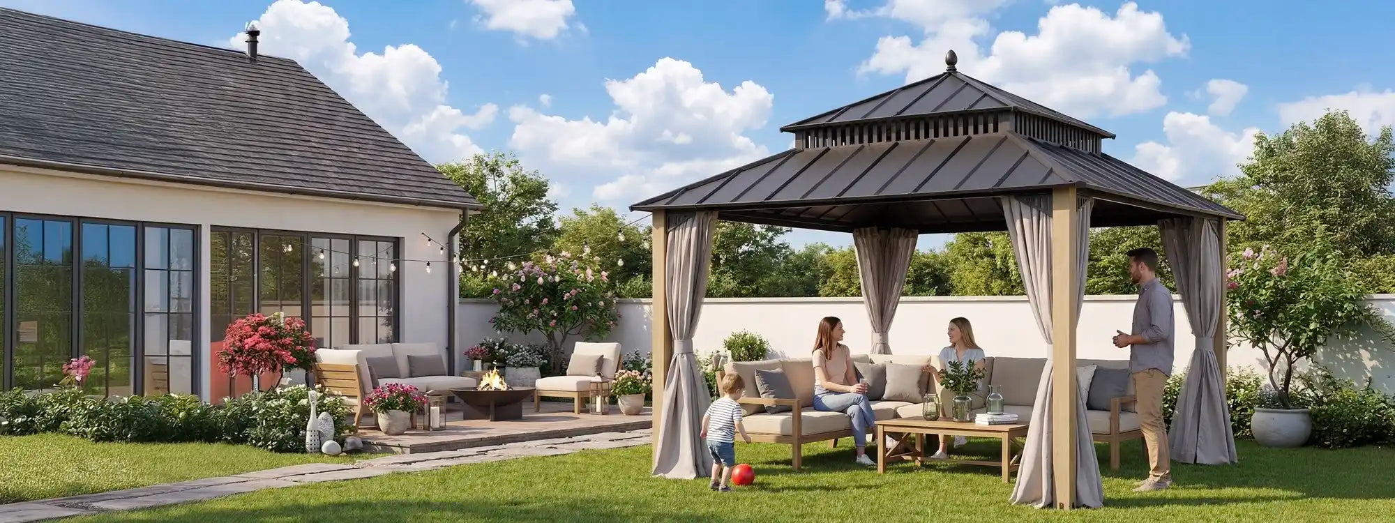 SUNJOY Kingston 12x12 Gazebo with Netting & Curtain | Steel Roof with Extra-Tall & Oversized Vent Top - Cedar Wood Posts