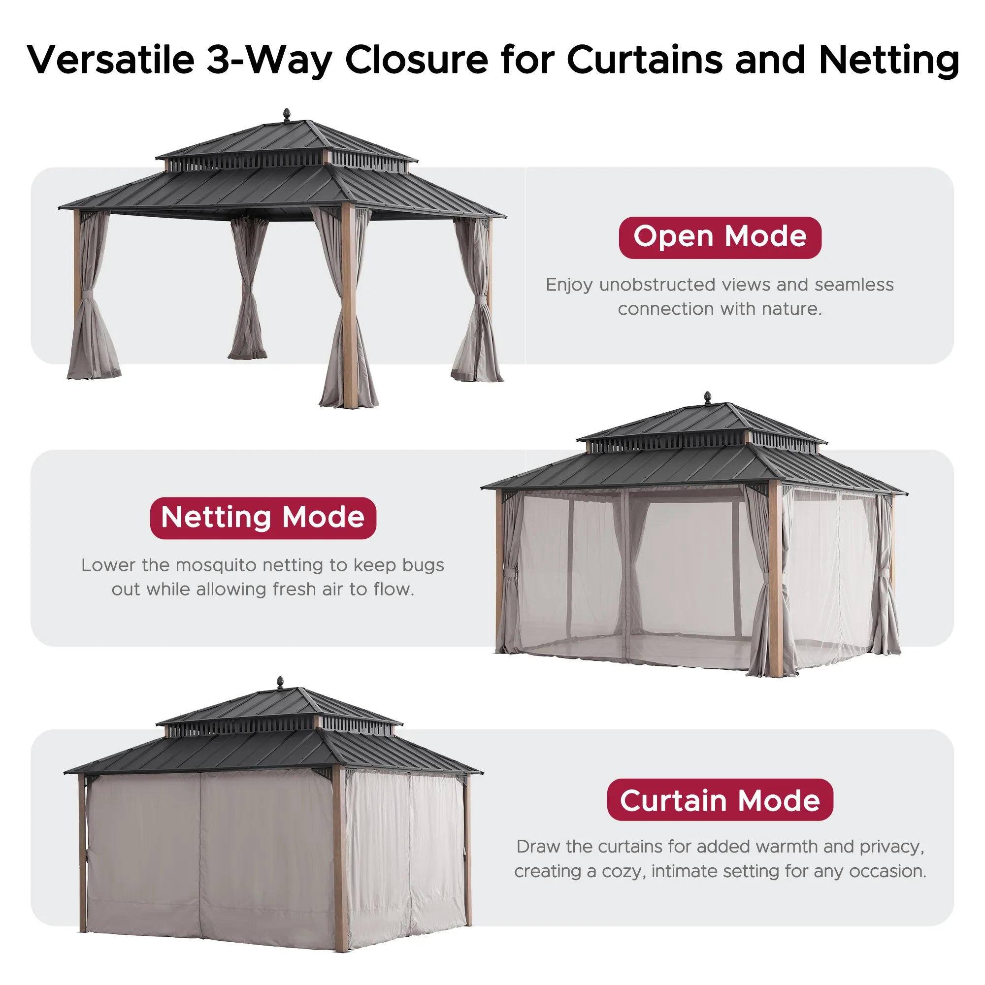 SUNJOY Kingston 12x14 Gazebo with Netting & Curtain | Steel Roof - Woodgrain Aluminum Posts