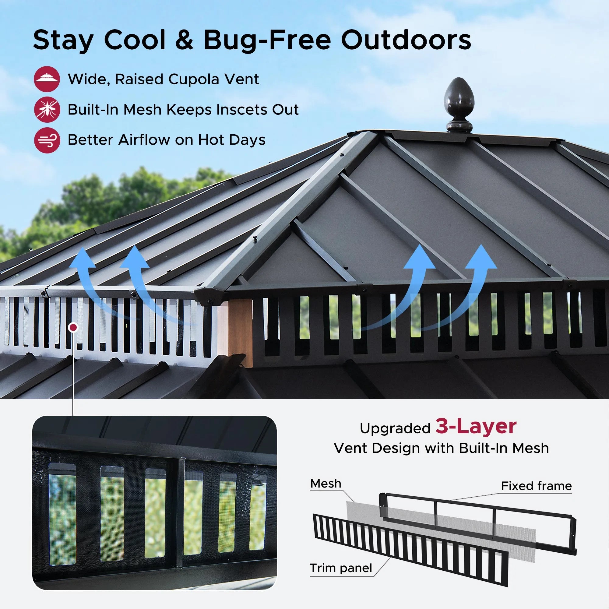 SUNJOY Kingston 12x14 Gazebo with Netting & Curtain | Steel Roof - Woodgrain Aluminum Posts