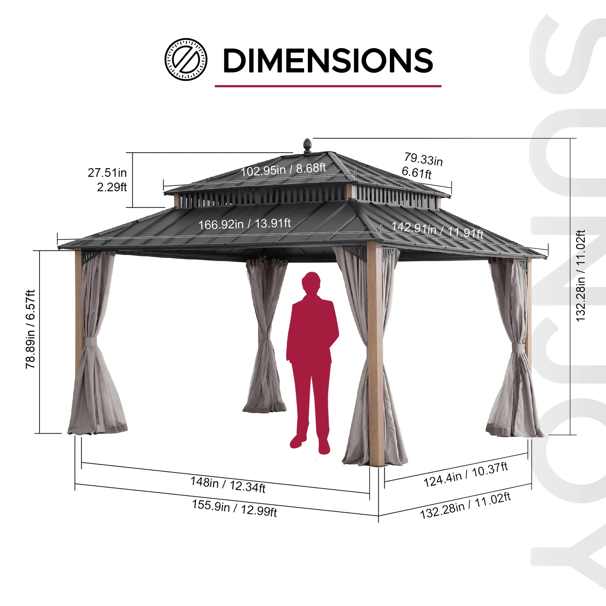 SUNJOY Kingston 12x14 Gazebo with Netting & Curtain | Steel Roof - Woodgrain Aluminum Posts
