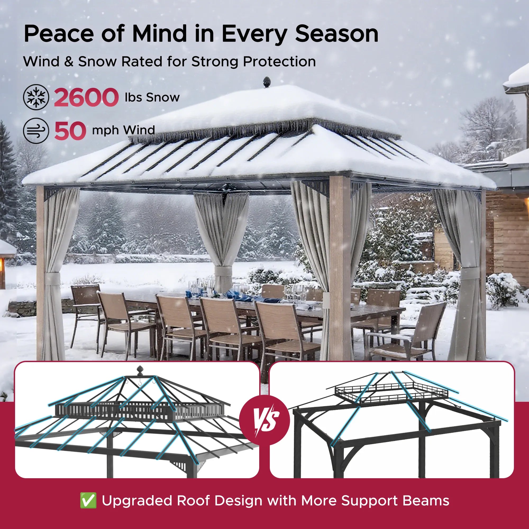 SUNJOY Kingston 12x14 Gazebo with Netting & Curtain | Steel Roof - Woodgrain Aluminum Posts