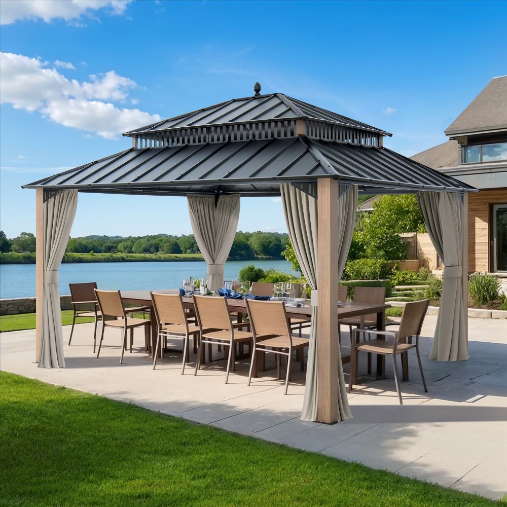 SUNJOY Kingston 12x14 Gazebo with Netting & Curtain | Steel Roof - Woodgrain Aluminum Posts