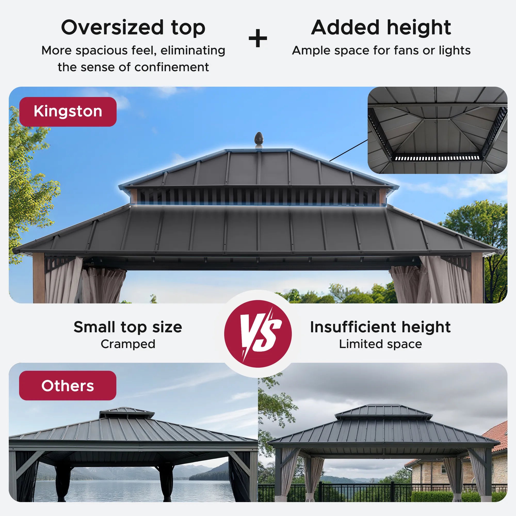 SUNJOY Kingston 12x14 Gazebo with Netting & Curtain | Steel Roof - Woodgrain Aluminum Posts