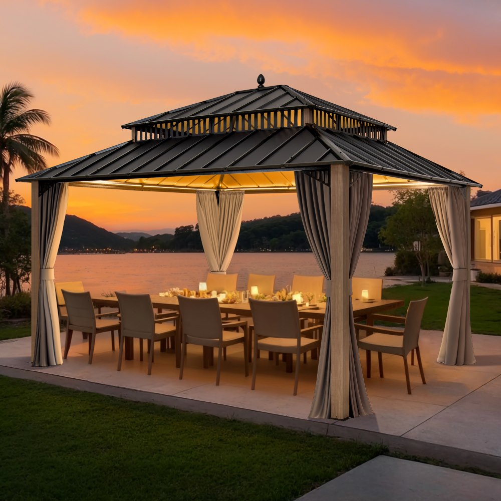 SUNJOY Kingston 12x14 Gazebo with Netting & Curtain | Steel Roof - Woodgrain Aluminum Posts