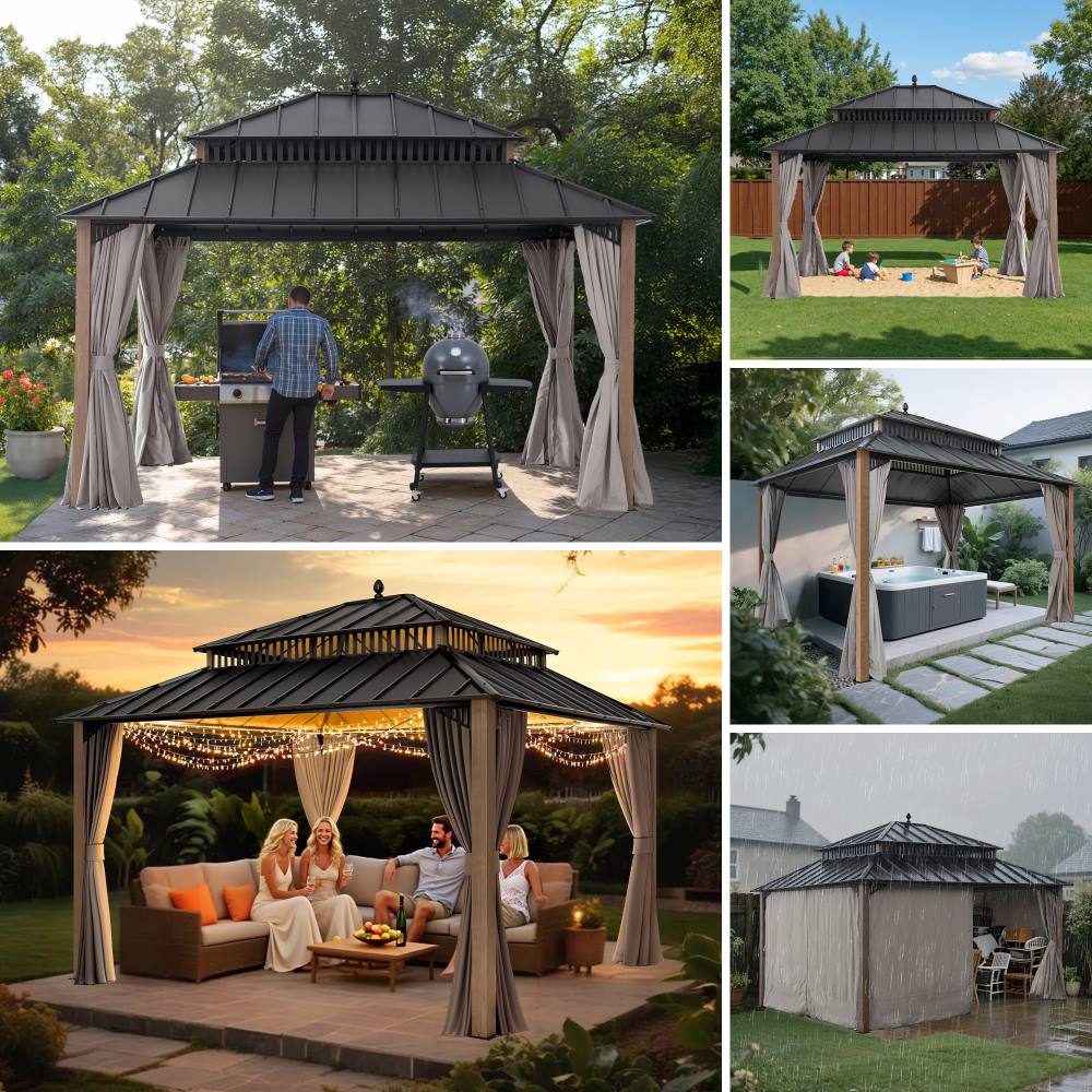 SUNJOY Kingston 12x14 Gazebo with Netting & Curtain | Steel Roof - Woodgrain Aluminum Posts