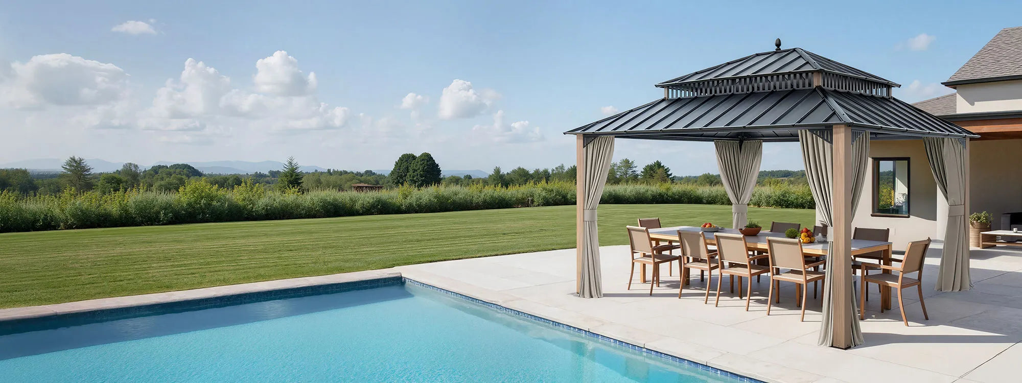 SUNJOY Kingston 12x14 Gazebo with Netting & Curtain | Steel Roof - Woodgrain Aluminum Posts