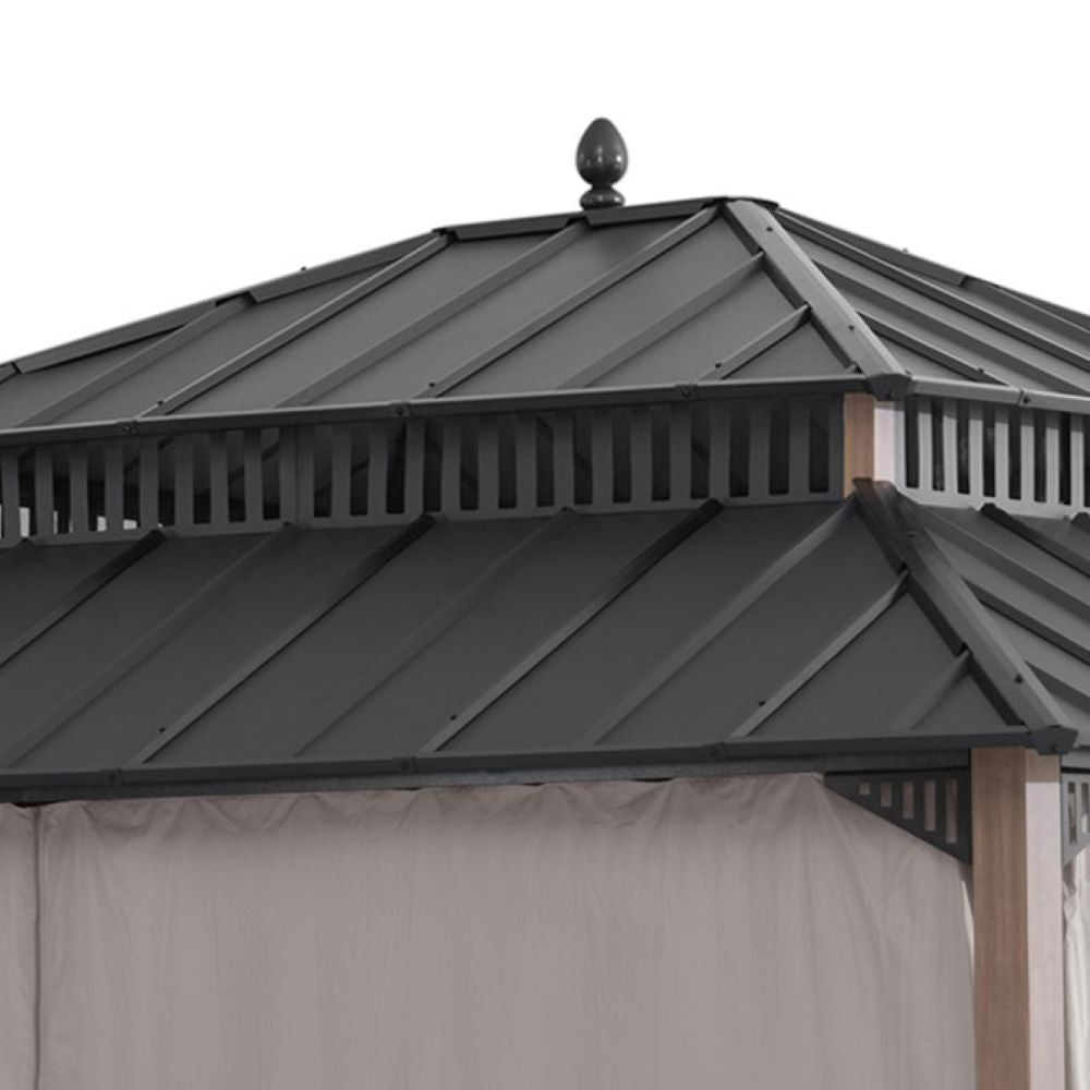 SUNJOY Kingston 12x14 Gazebo with Netting & Curtain | Steel Roof - Woodgrain Aluminum Posts