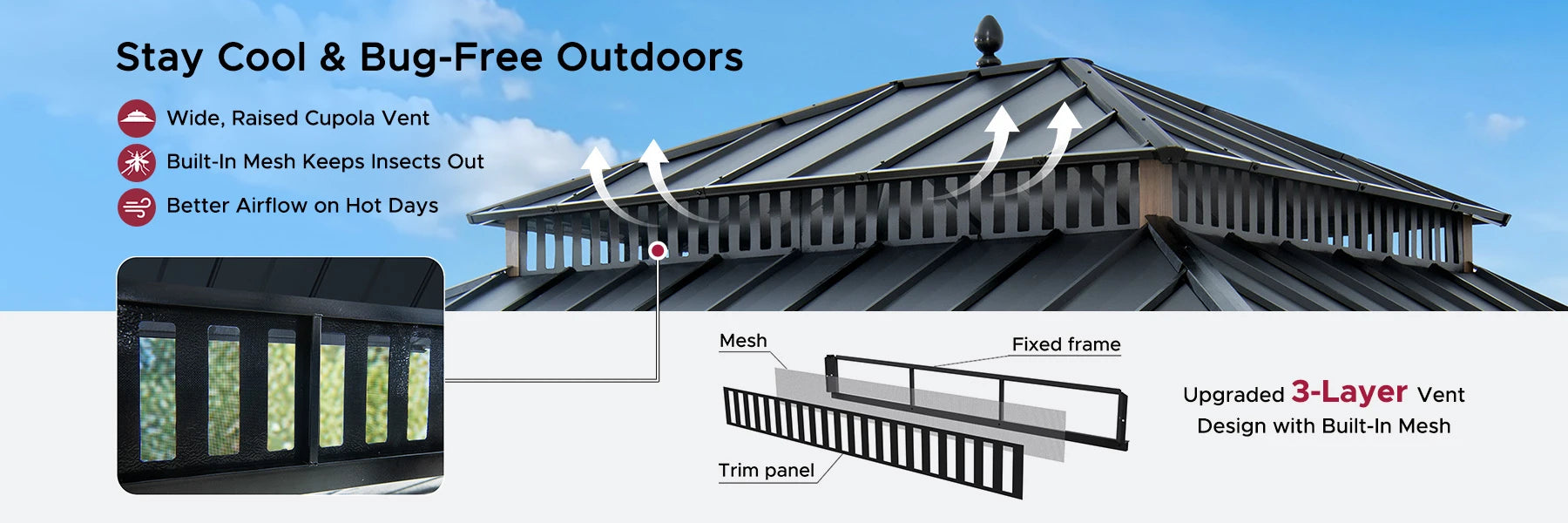 SUNJOY Kingston 12x14 Gazebo with Netting & Curtain | Steel Roof - Woodgrain Aluminum Posts