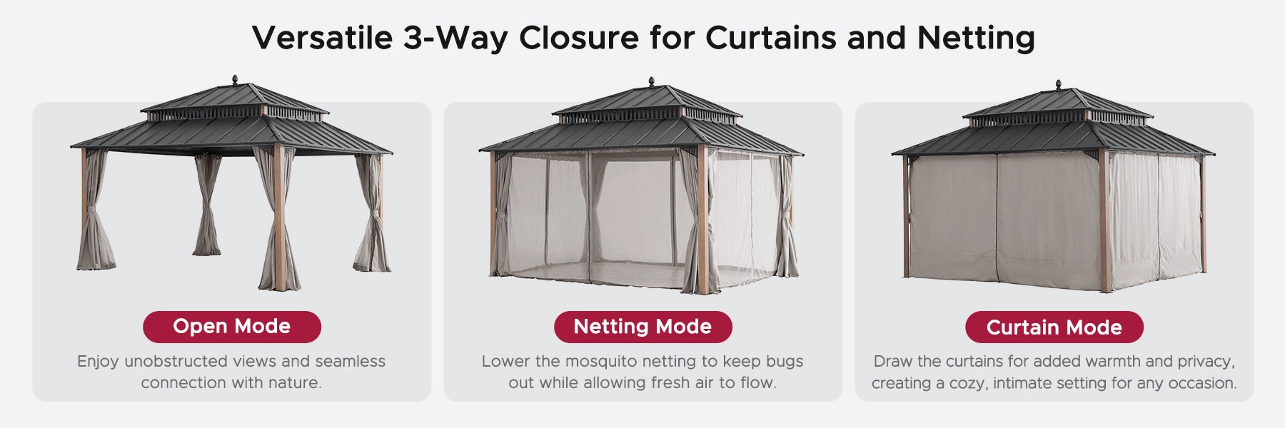 SUNJOY Kingston 12x14 Gazebo with Netting & Curtain | Steel Roof - Woodgrain Aluminum Posts