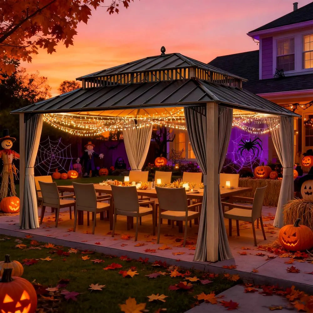 Halloween-themed outdoor gazebo with decorations and pumpkins at sunset.