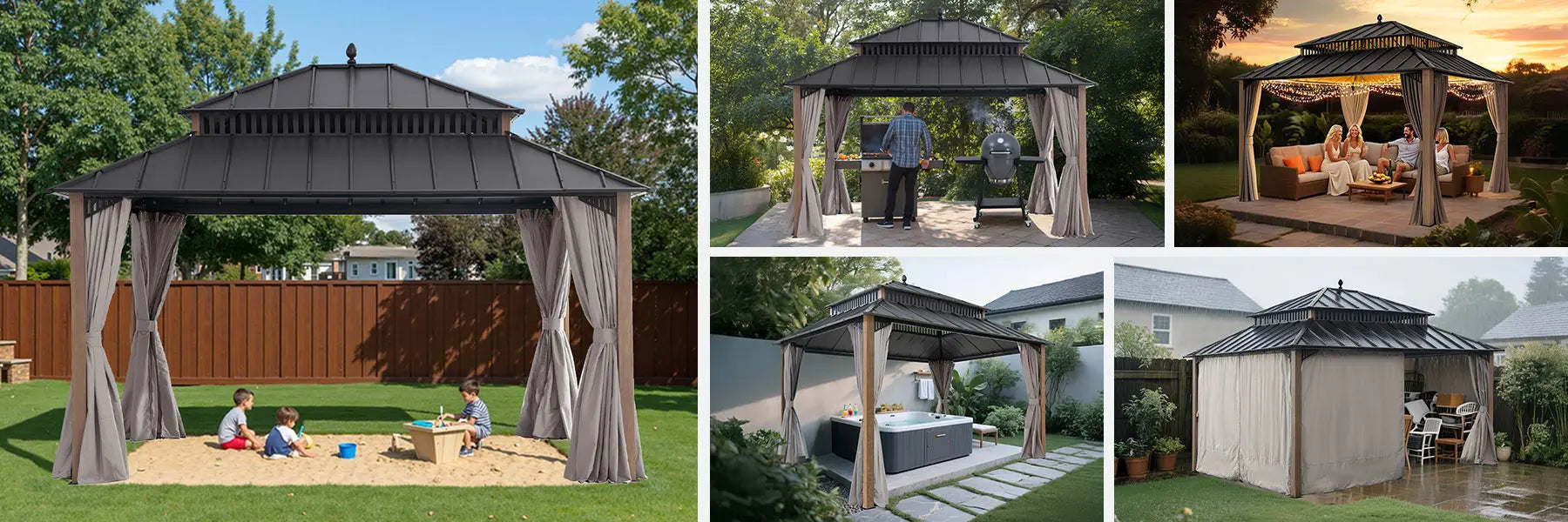 SUNJOY Kingston 12x14 Gazebo with Netting & Curtain | Steel Roof - Woodgrain Aluminum Posts