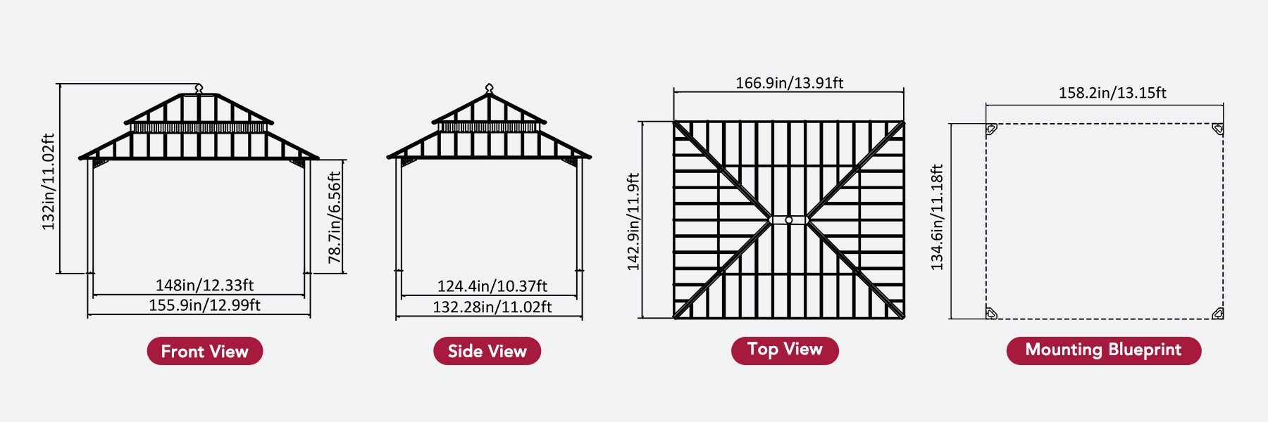 SUNJOY Kingston 12x14 Gazebo with Netting & Curtain | Steel Roof - Gray Aluminum Posts