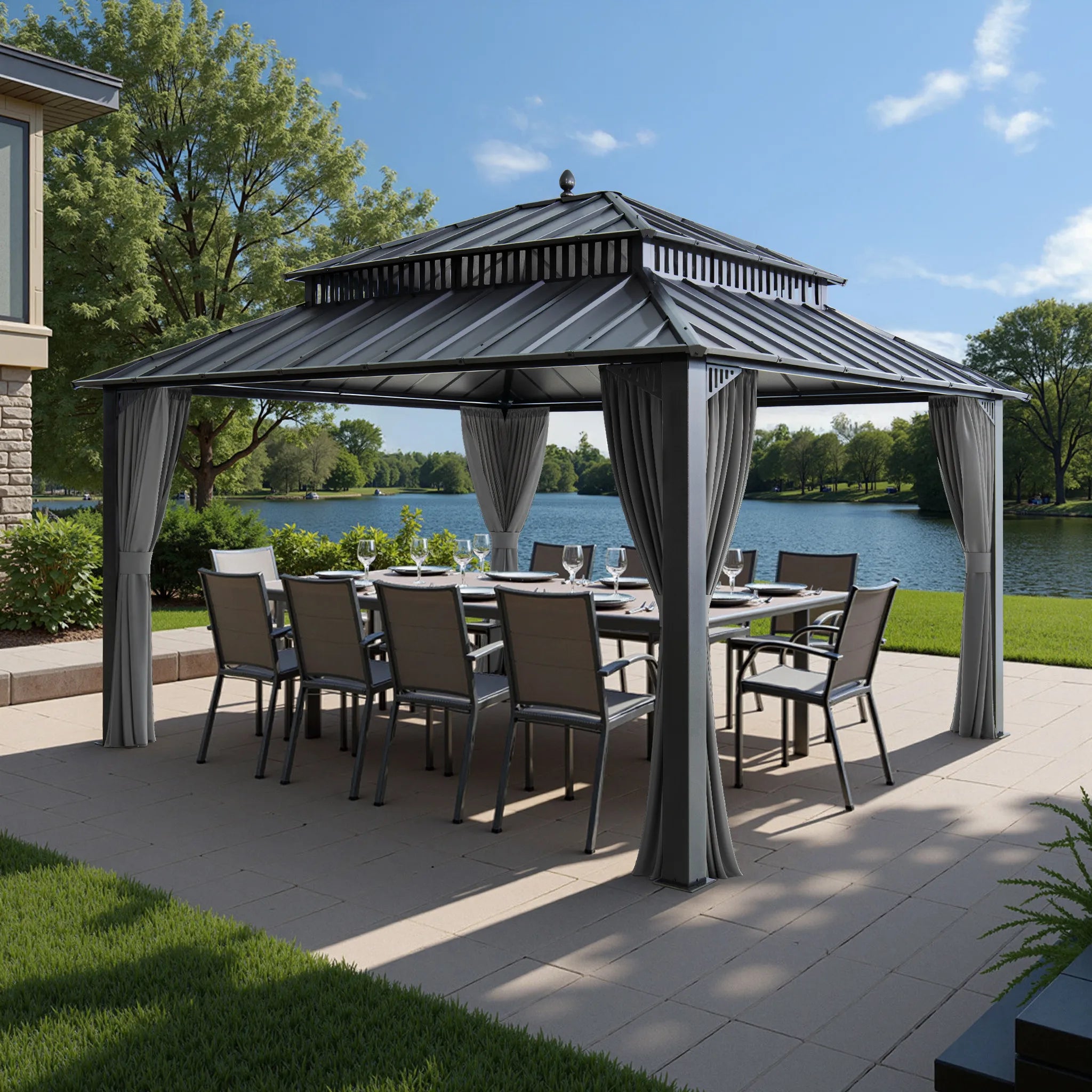 SUNJOY Kingston 12x14 Gazebo with Netting & Curtain | Steel Roof - Gray Aluminum Posts