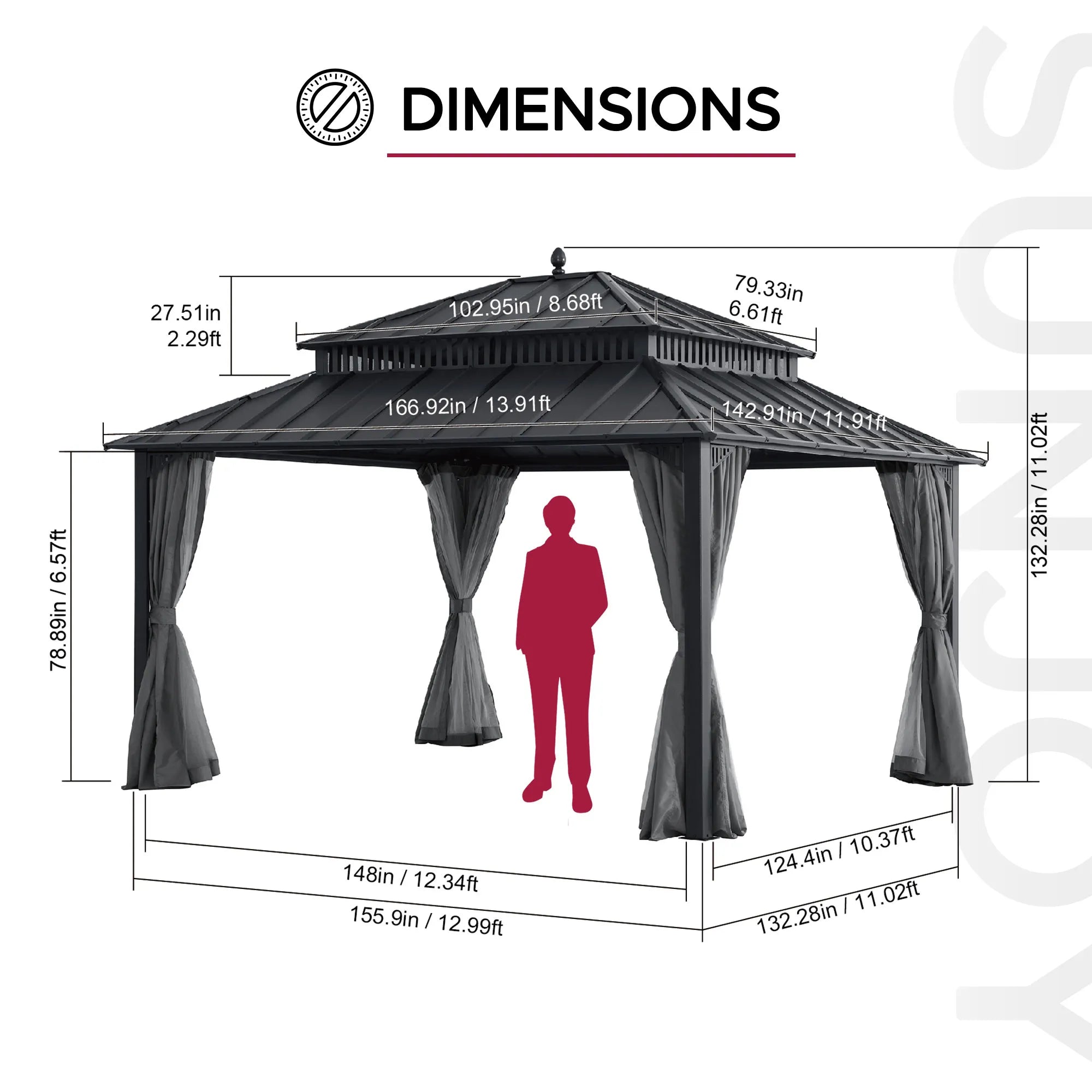 SUNJOY Kingston 12x14 Gazebo with Netting & Curtain | Steel Roof - Gray Aluminum Posts