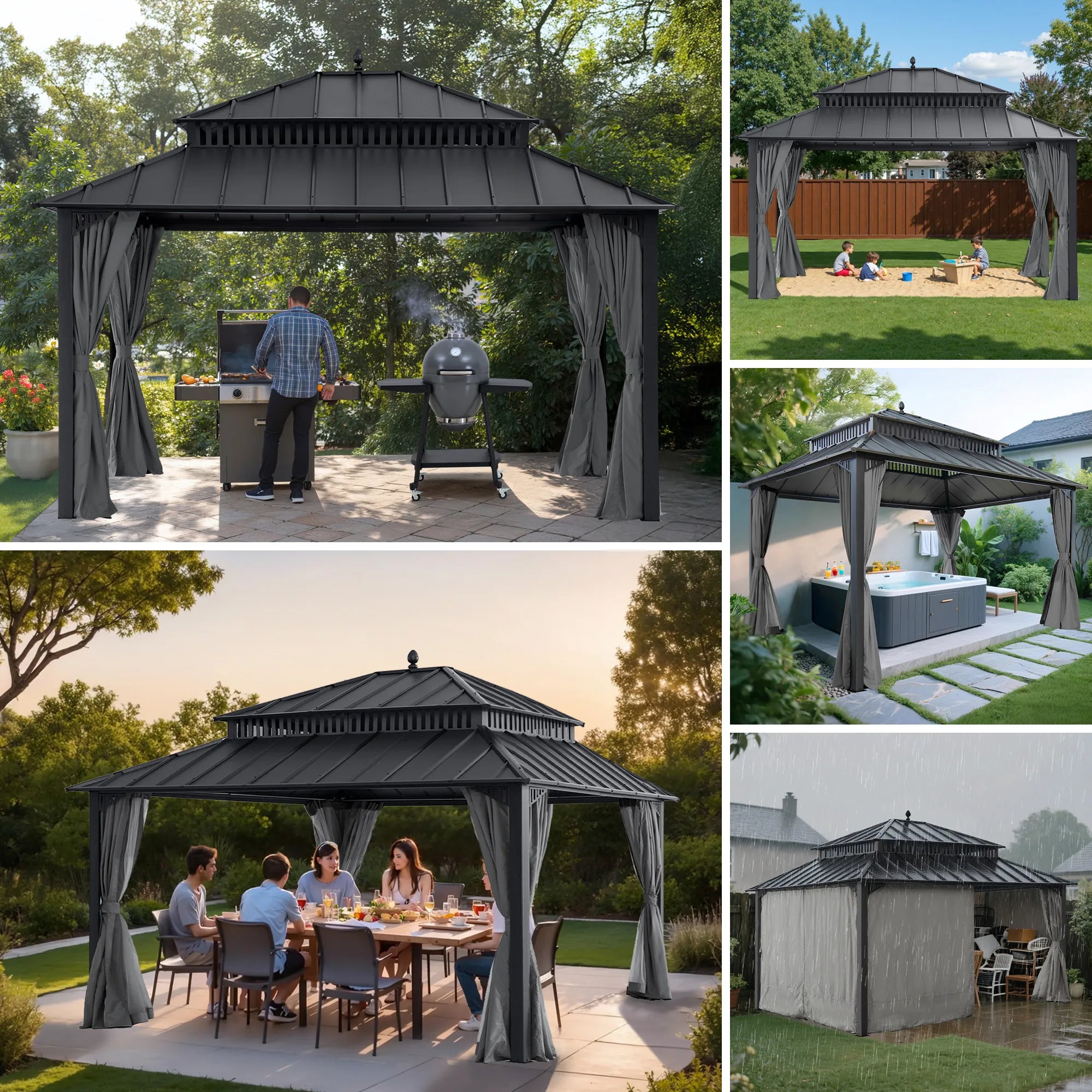SUNJOY Kingston 12x14 Gazebo with Netting & Curtain | Steel Roof - Gray Aluminum Posts