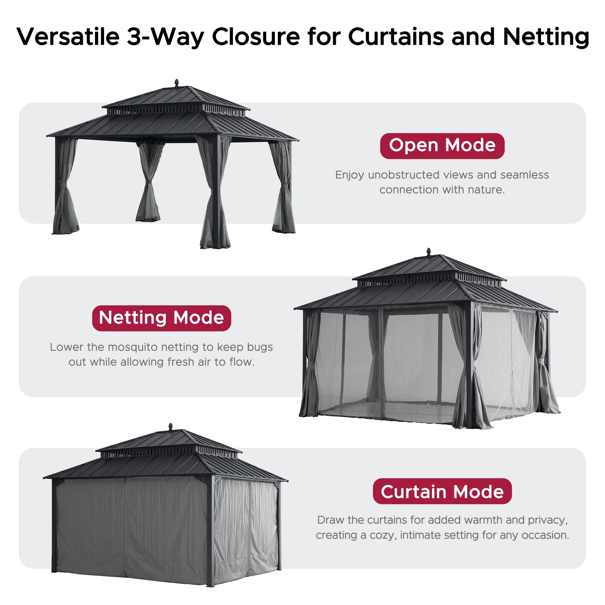 SUNJOY Kingston 12x14 Gazebo with Netting & Curtain | Steel Roof - Gray Aluminum Posts
