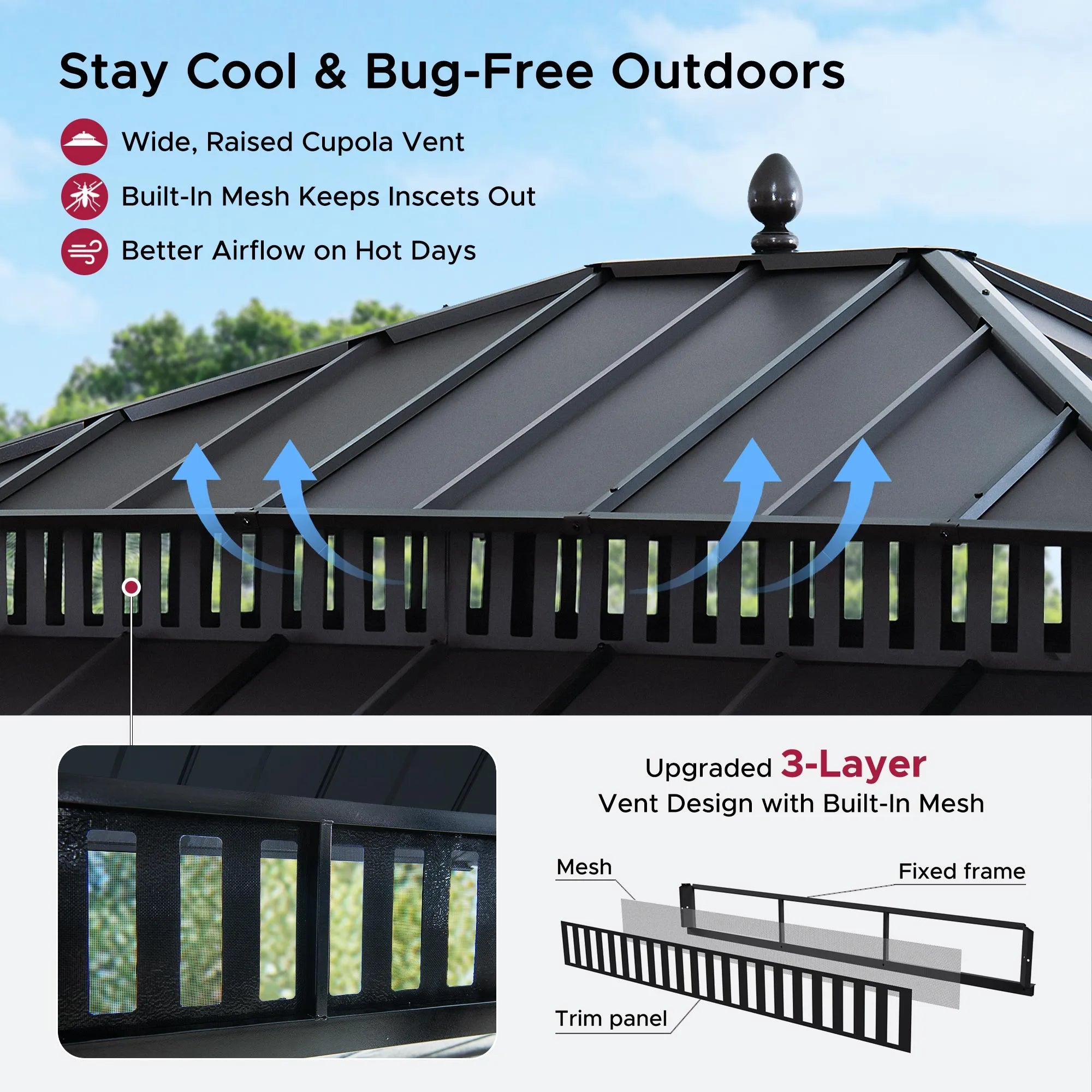 SUNJOY Kingston 12x14 Gazebo with Netting & Curtain | Steel Roof - Gray Aluminum Posts