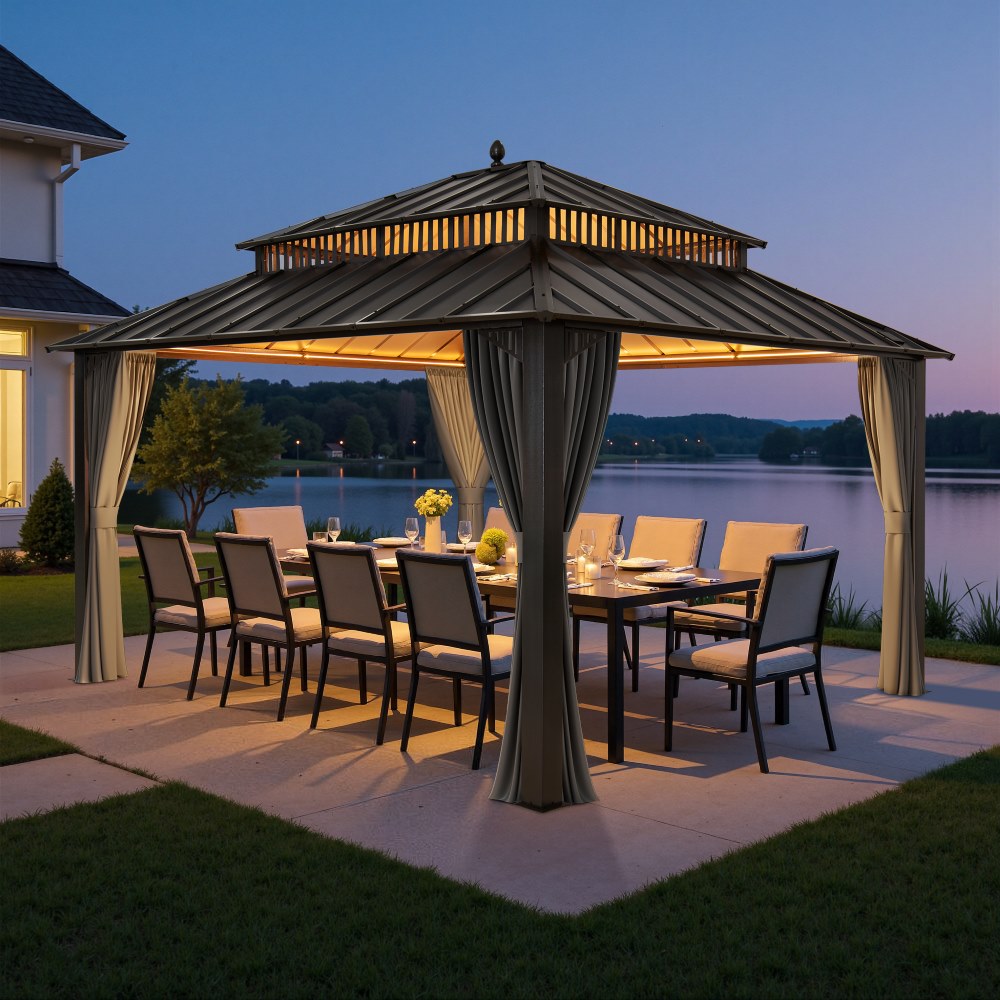 SUNJOY Kingston 12x14 Gazebo with Netting & Curtain | Steel Roof - Gray Aluminum Posts