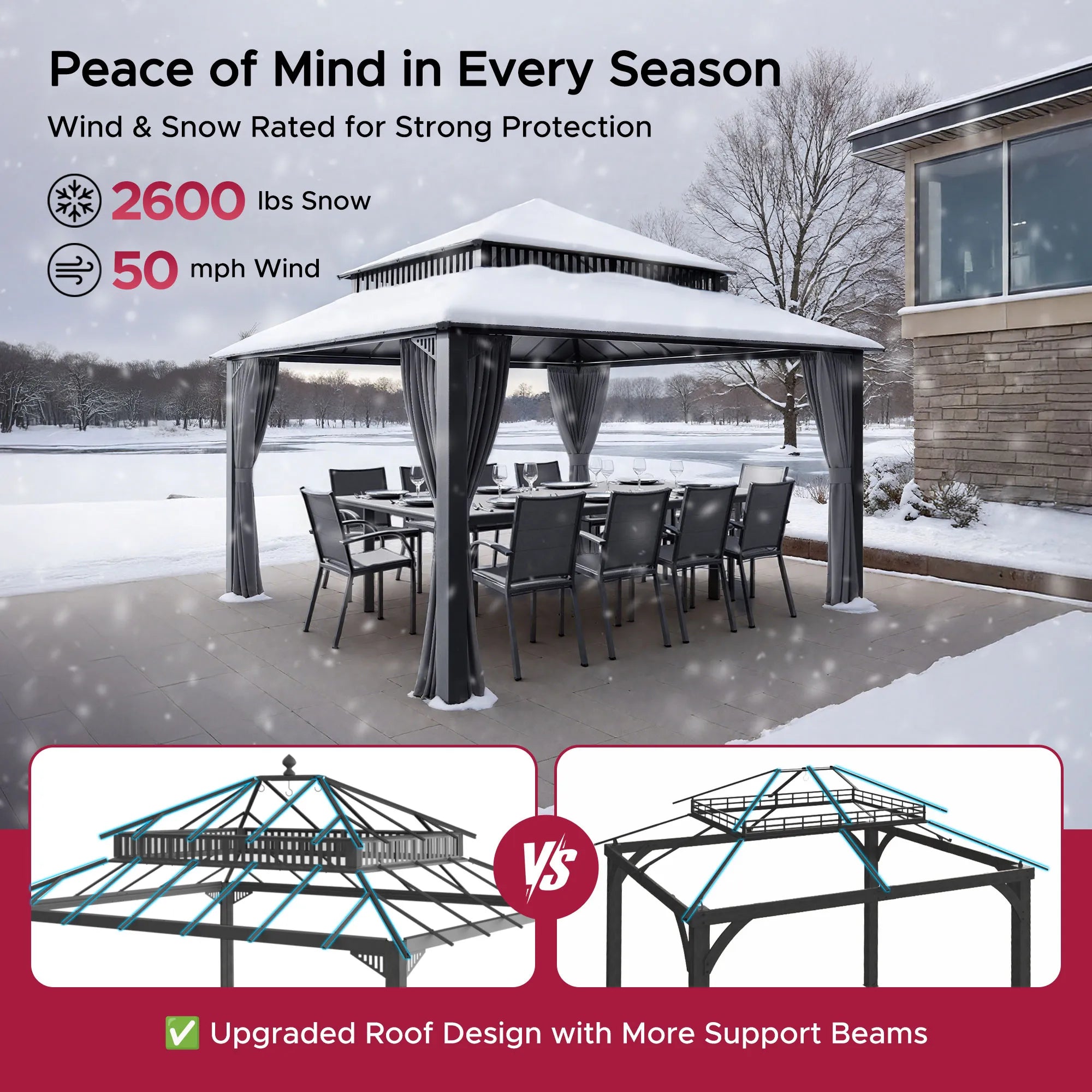 SUNJOY Kingston 12x14 Gazebo with Netting & Curtain | Steel Roof - Gray Aluminum Posts