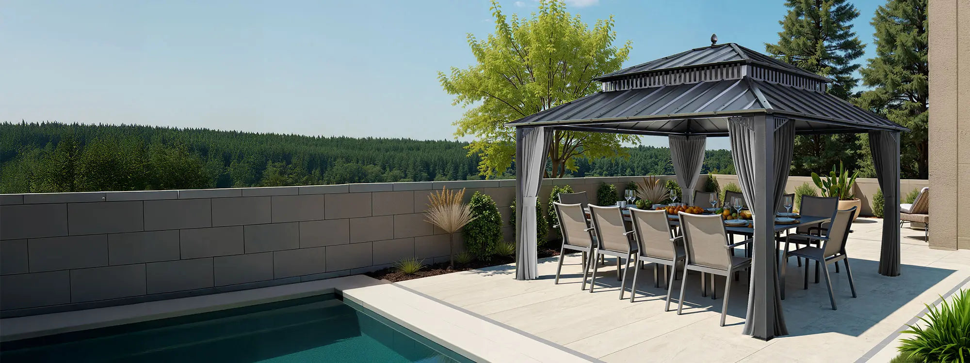 SUNJOY Kingston 12x14 Gazebo with Netting & Curtain | Steel Roof - Gray Aluminum Posts