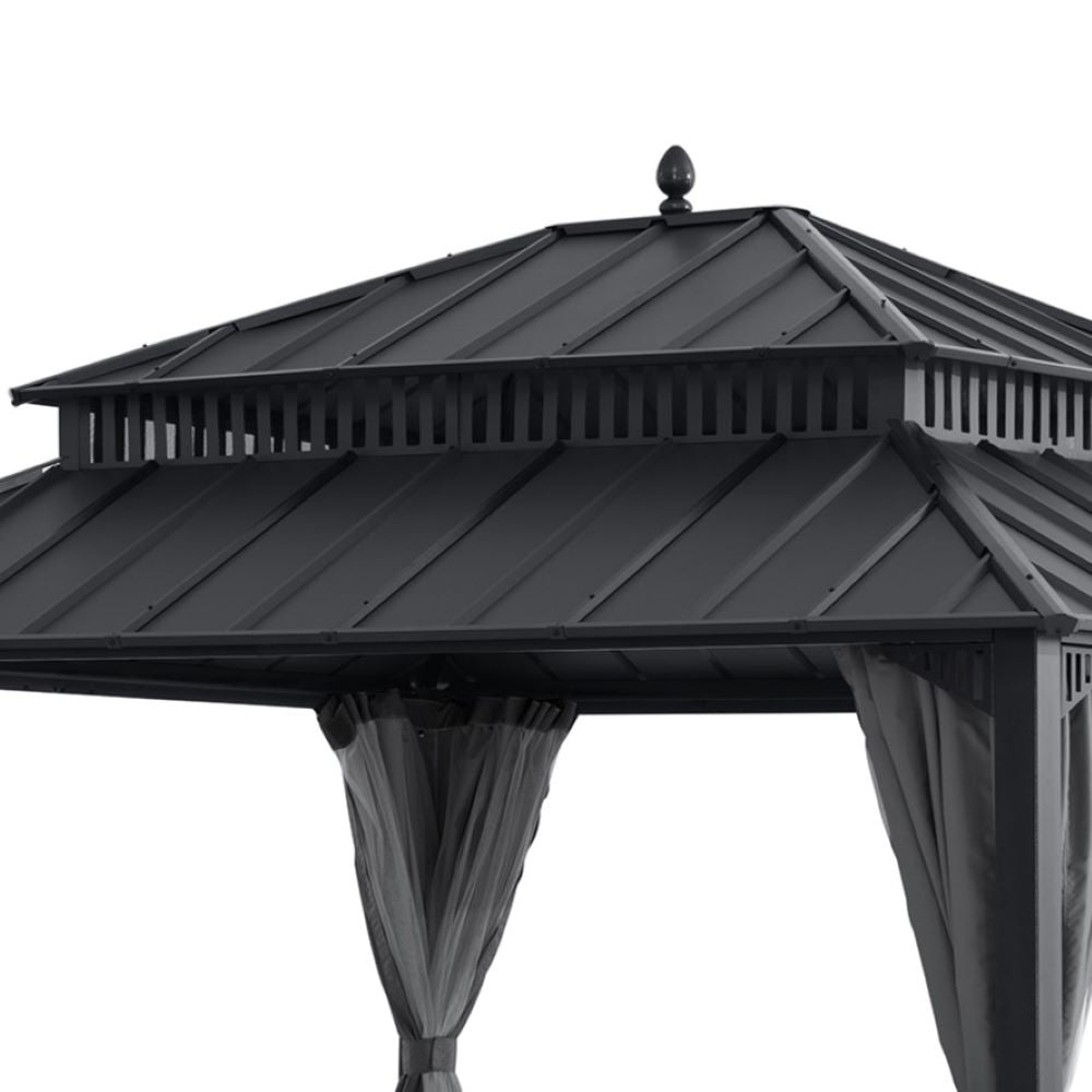 SUNJOY Kingston 12x14 Gazebo with Netting & Curtain | Steel Roof - Gray Aluminum Posts