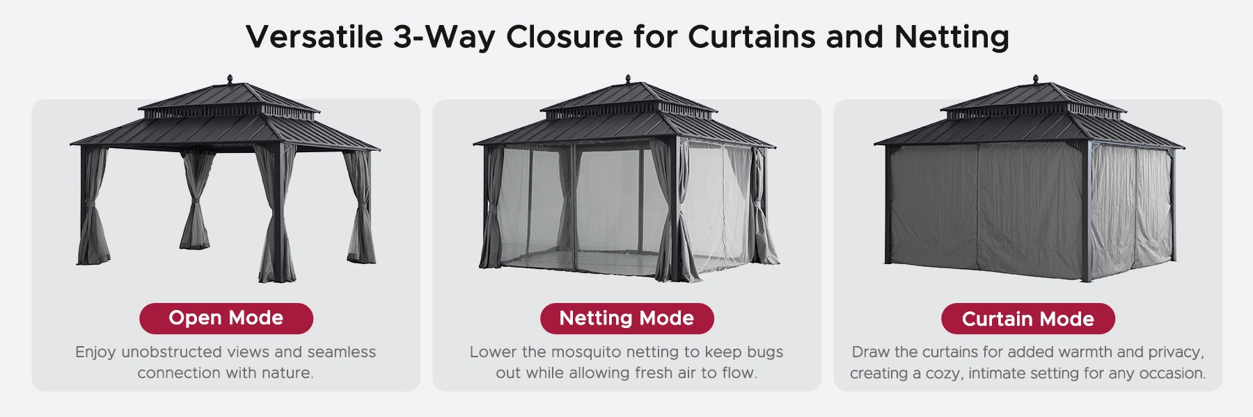SUNJOY Kingston 12x14 Gazebo with Netting & Curtain | Steel Roof - Gray Aluminum Posts