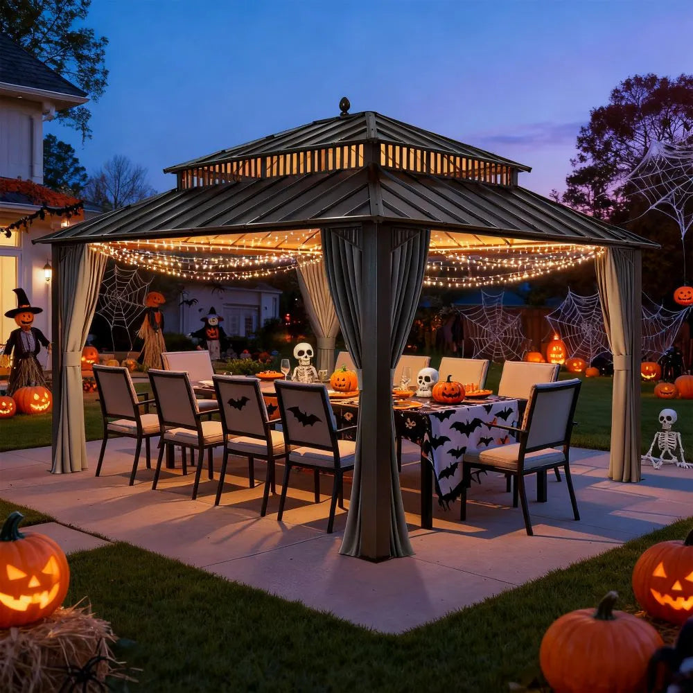 Halloween-themed outdoor setting with a gazebo, string lights, and decorated pumpkins.