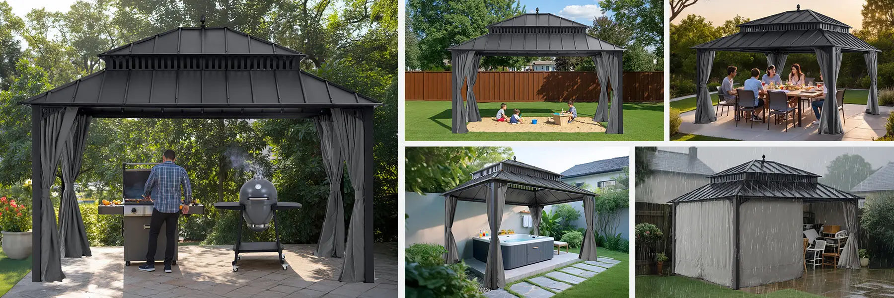 SUNJOY Kingston 12x14 Gazebo with Netting & Curtain | Steel Roof - Gray Aluminum Posts