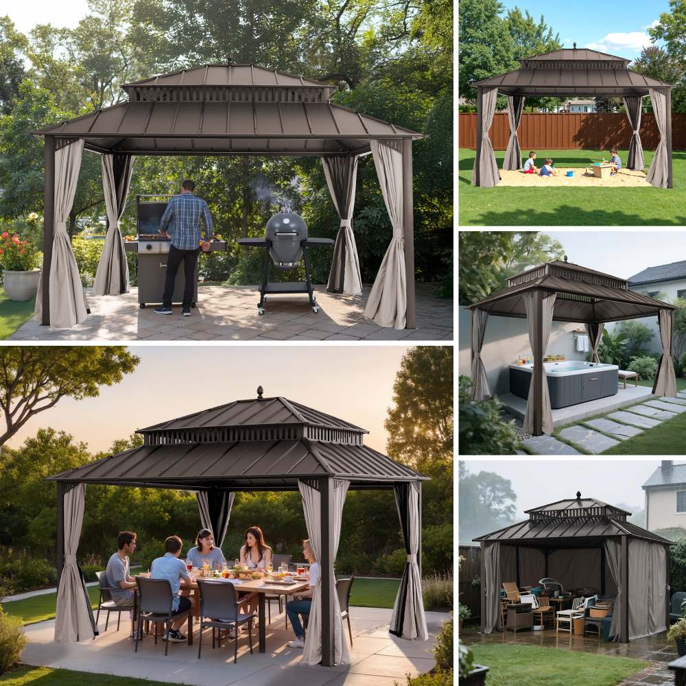 SUNJOY Kingston 12x14 Gazebo with Netting & Curtain | Steel Roof - Brown Aluminum Posts